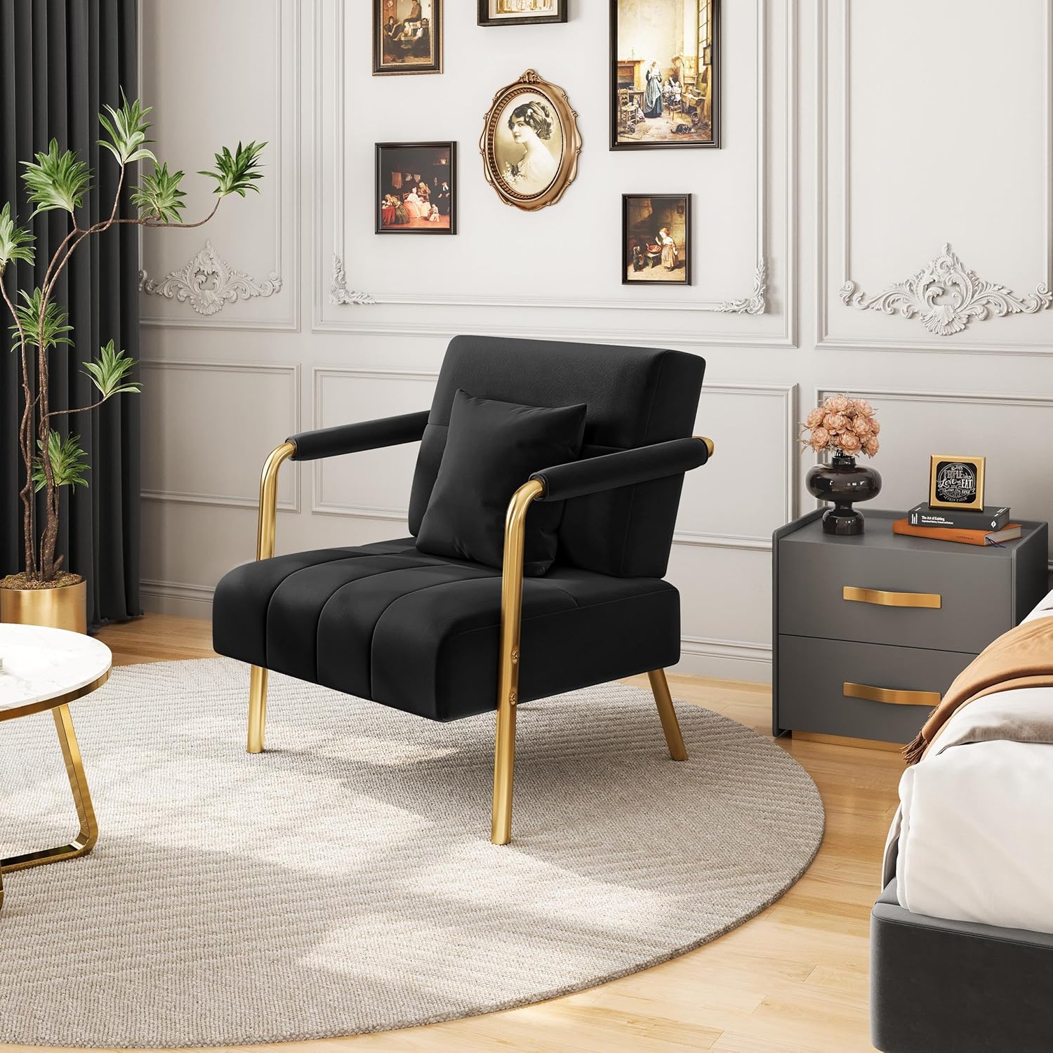 Yaheetech 30 W Modern Sofa Small Sofa Luxurious Velvet Fabric Couch with Gold-Tone Metal Arms and Legs for Living Room, Home Office, Studio Black