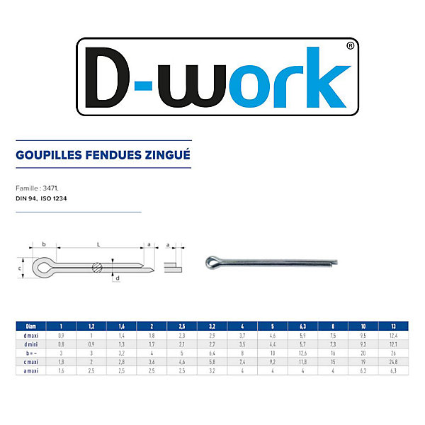 100 Goupilles Fendues D. 2.5 x 45 mm - DIN 94 - Zingué blanc - D-Work