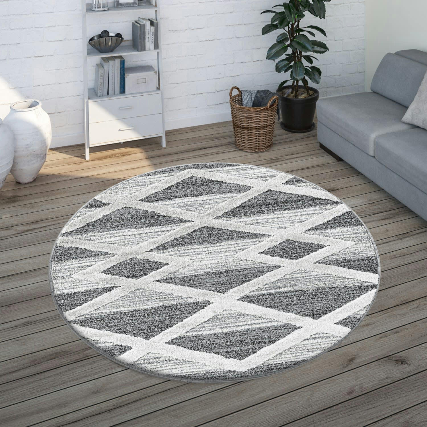 BOHEME - Tapis bohème rond à relief blanc et gris 200x200cm