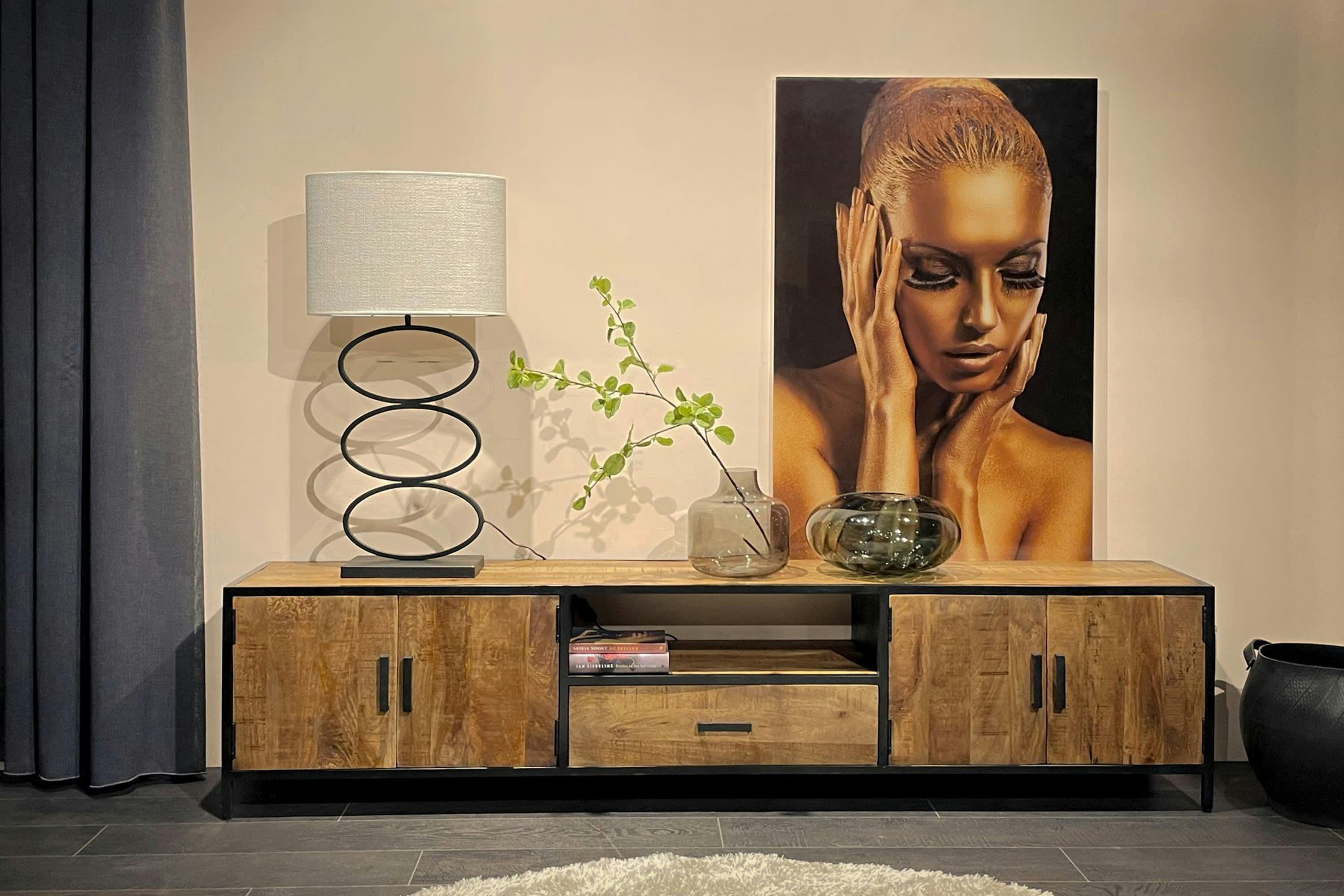 ANGLET - ANGLET-Meuble TV 3 portes 1 tiroir L 220 cm, Manguier massif et métal