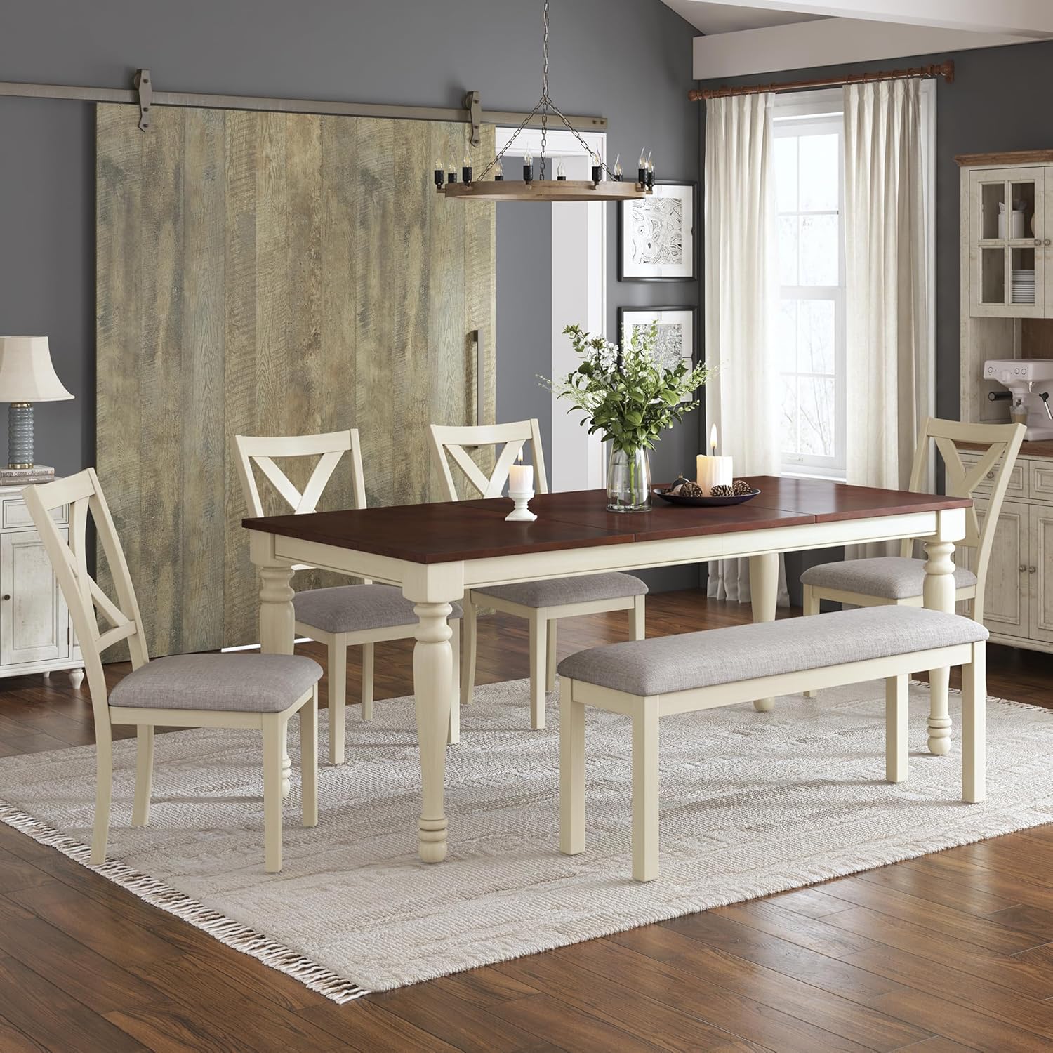 AMERLIFE 6-Piece Farmhouse Dining Table Set for 6-7, 71 Solid Wood Kitchen Table and Chairs, 1 Dining Table, 4 Upholstered Chairs and 1 Bench, Rustic Dining Room Set, Rustic White