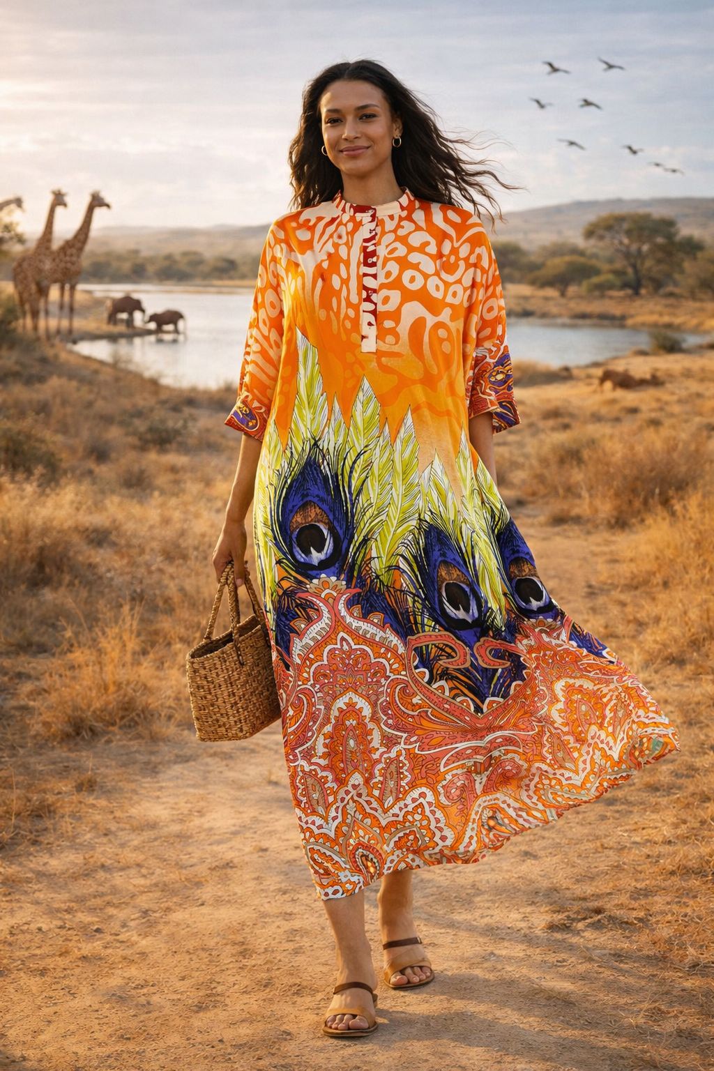 Belissh Abstract Print Oversized Maxi Dress in Orange