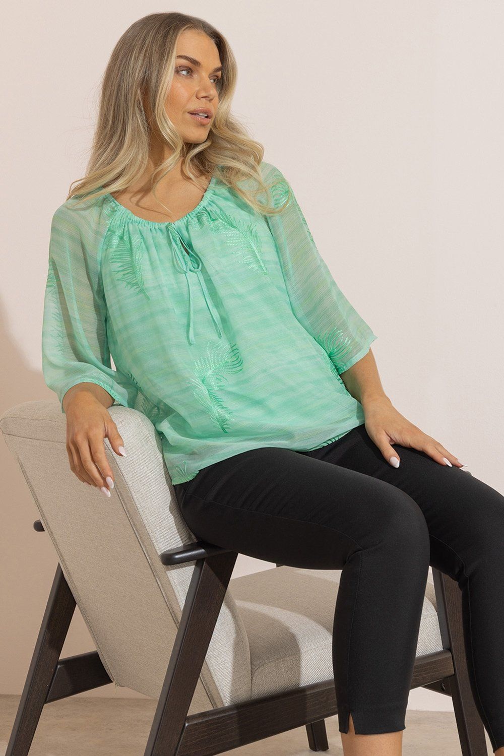 Klass. Embroidered Tie Neck Top