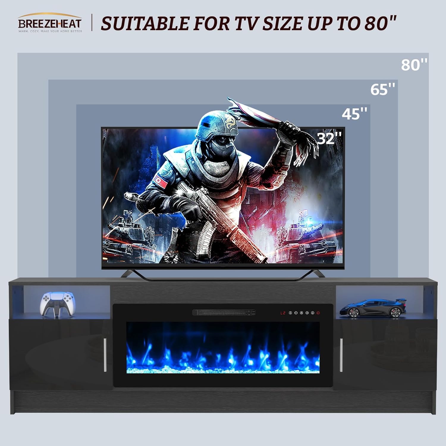 BREEZEHEAT Electric Fireplace TV Stand with 36 inch Fireplace Up to 80 TVs-Led Entertainment Center with High Glossy Doors-70 inch TV Cabinet, Modern Media Console for Living Room(Black)