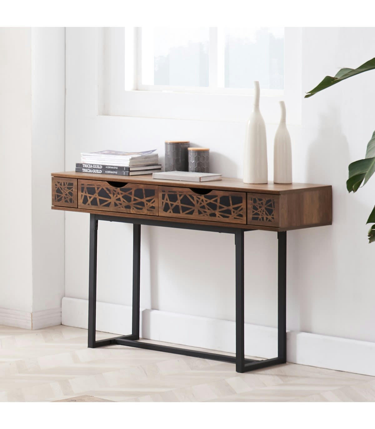 ANAELLE - Console 2 tiroirs effet bois et motifs noir - L120 cm
