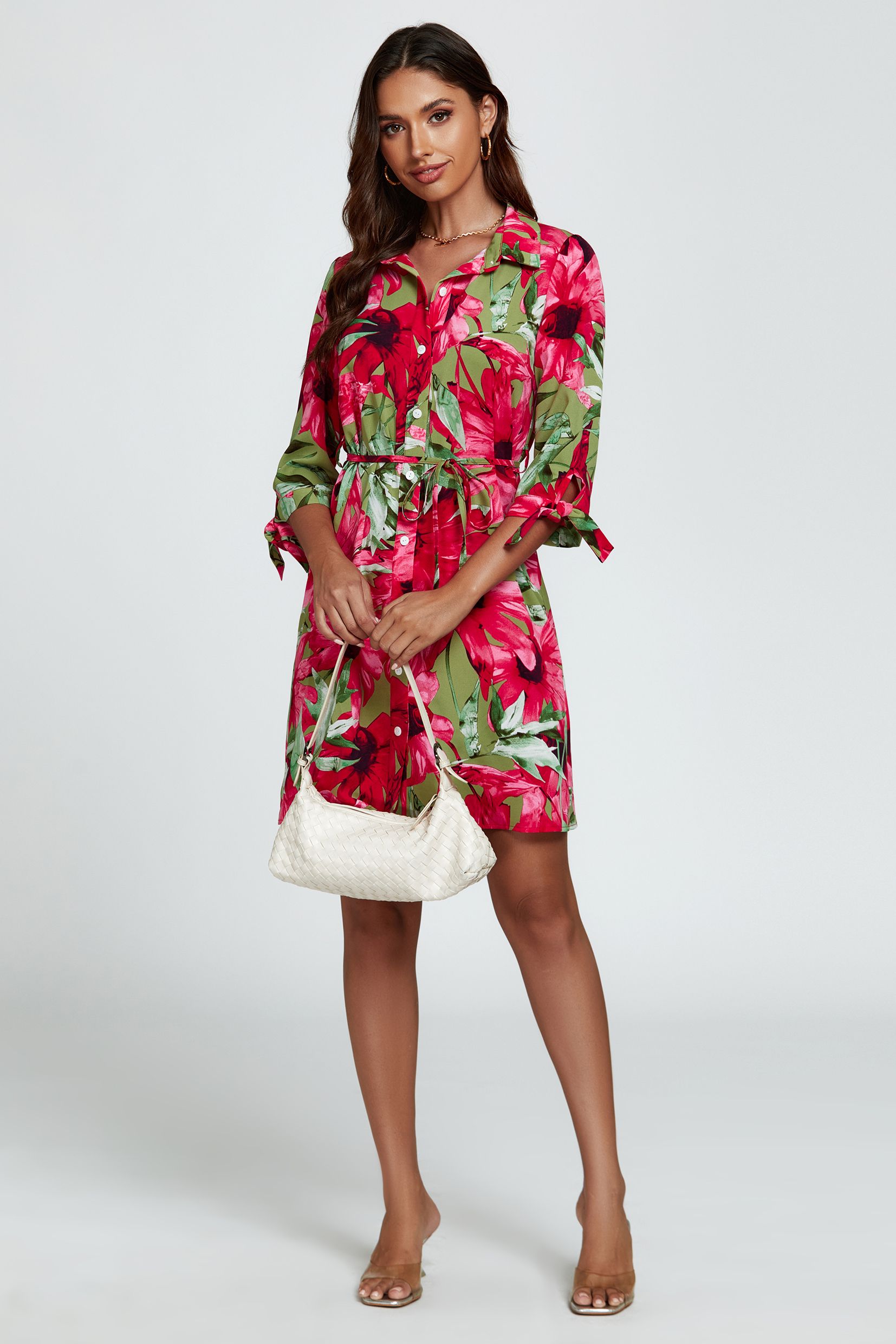 FS Collection Floral Print Shirt Mini Dress In Red