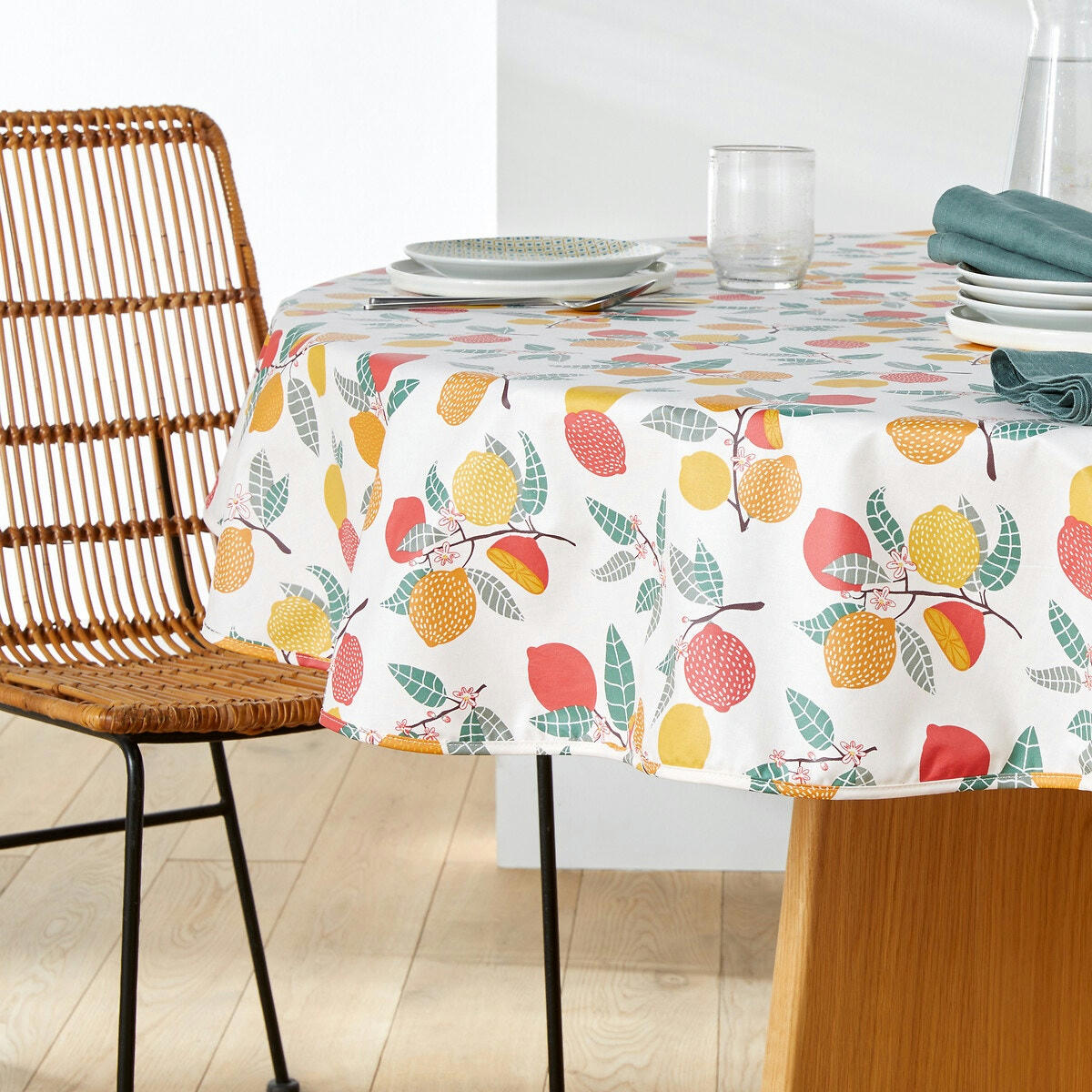Nappe ronde toile cirée, coton souple, Citron