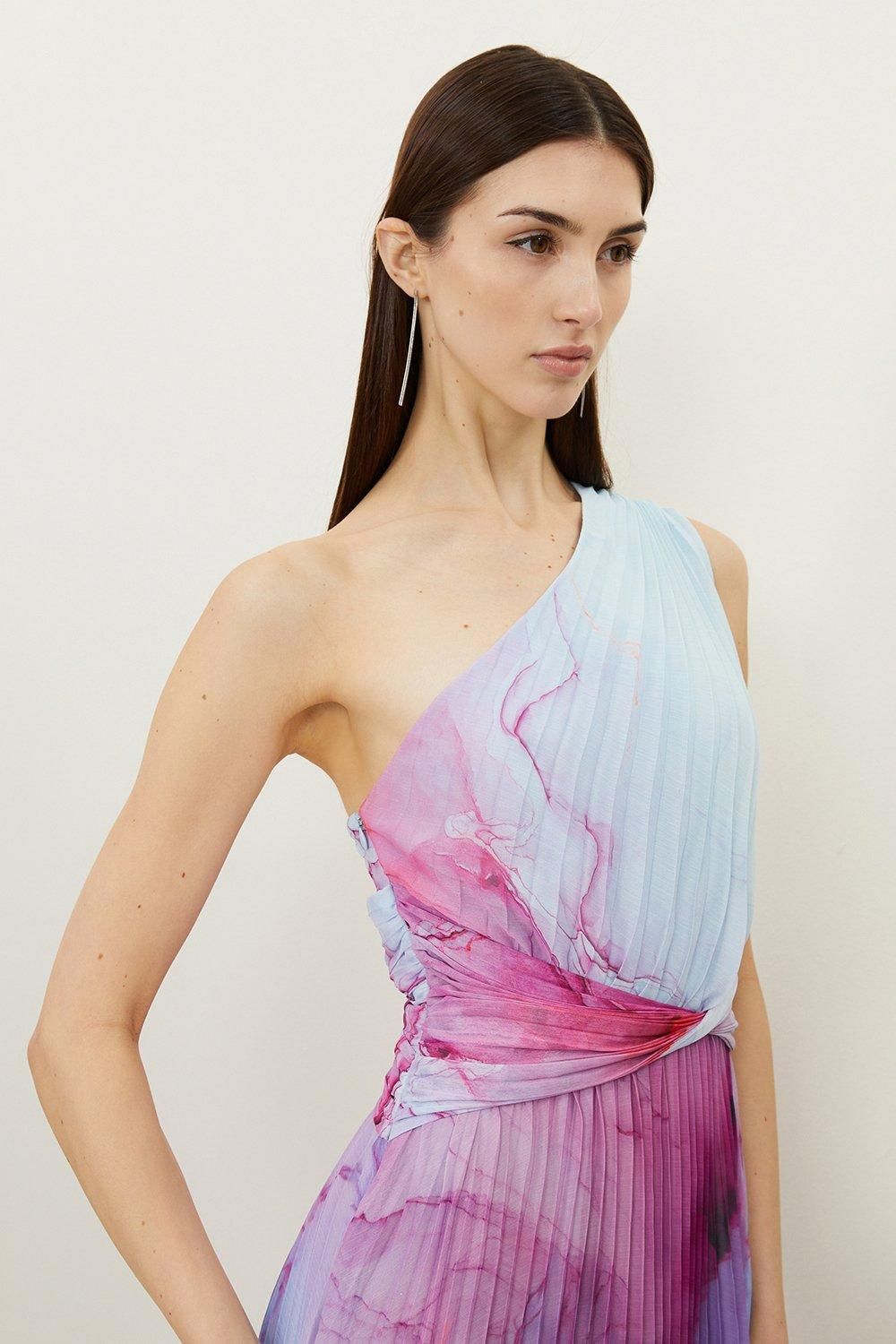 KarenMillen Marble Printed Soft Pleated One Shoulder Midaxi Dress