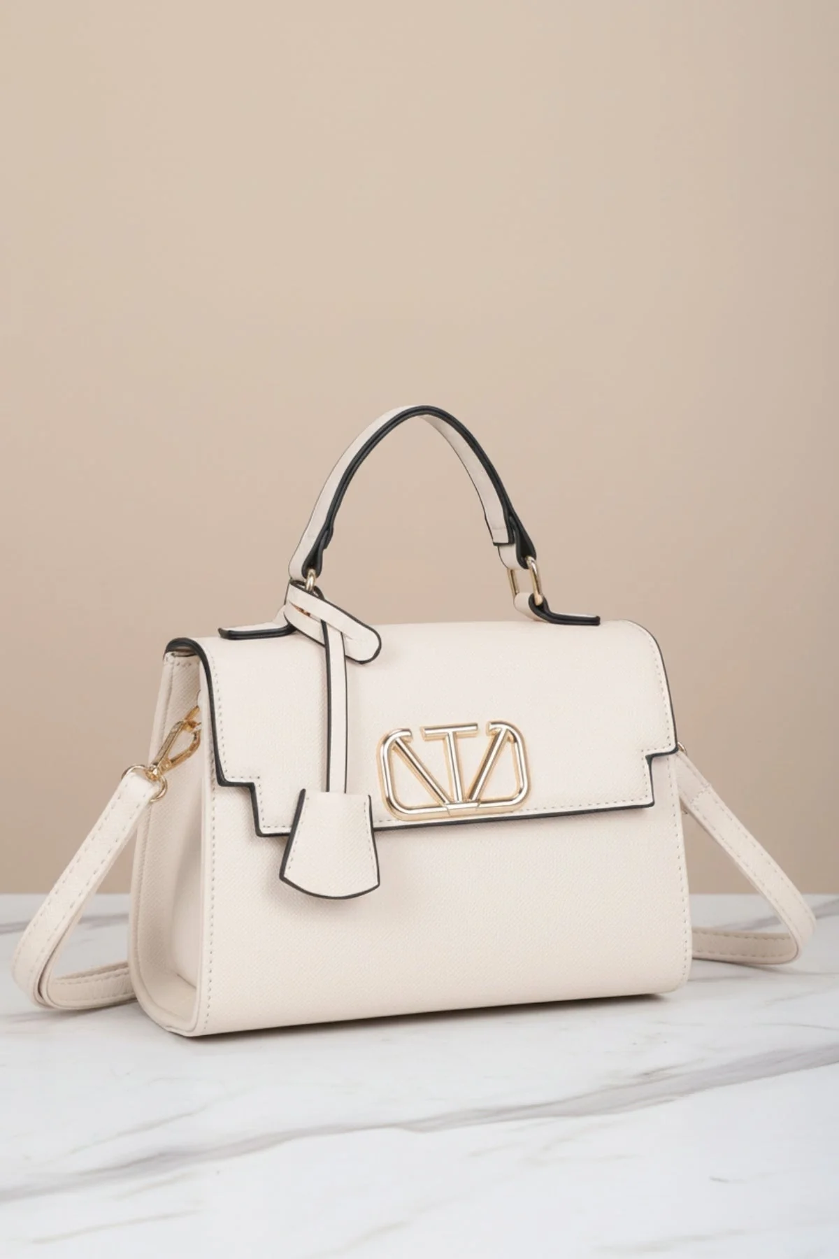 Beige Grab Handle Flap Bag