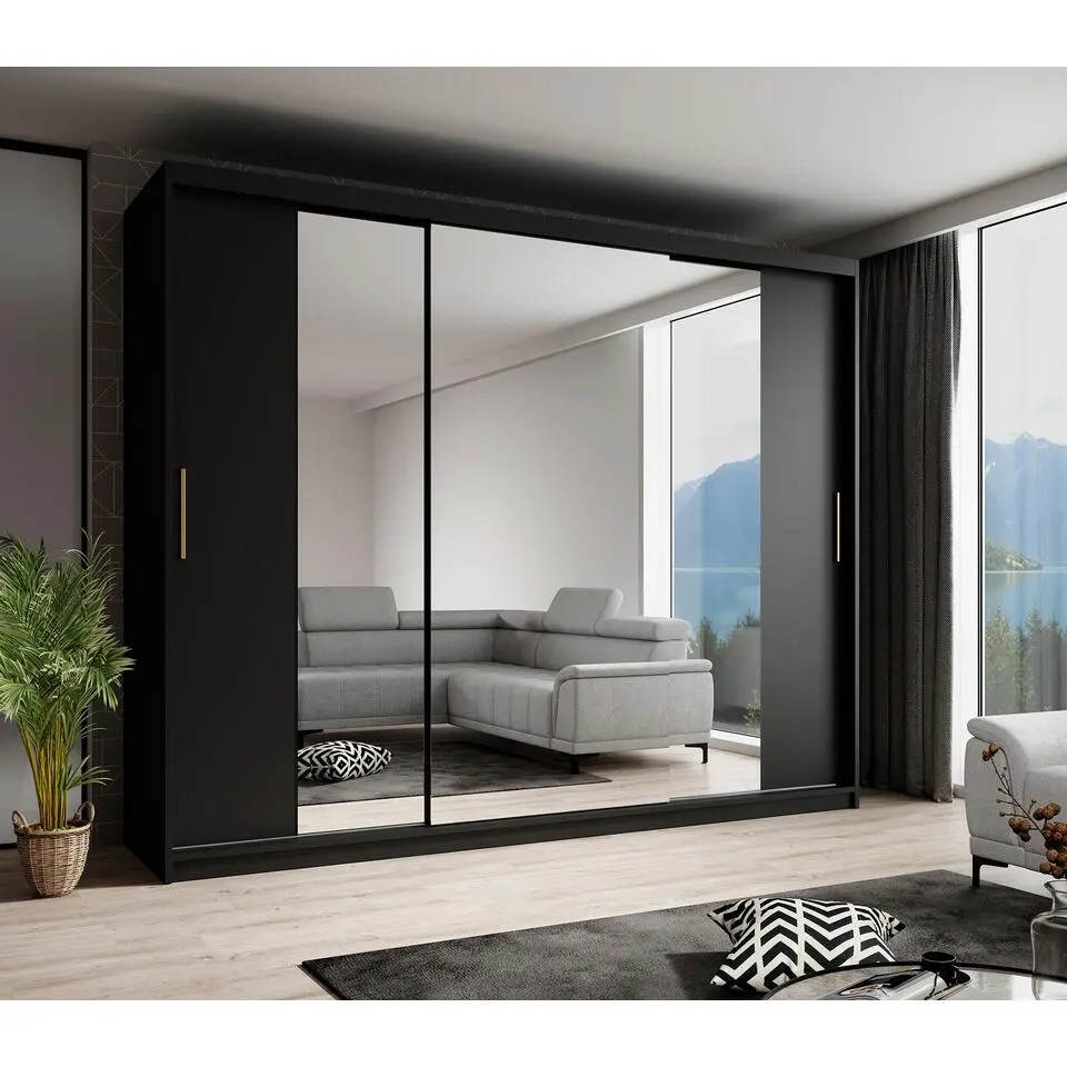 Meubella - Kledingkast Mandalin - Zwart - 250 cm - Met spiegel