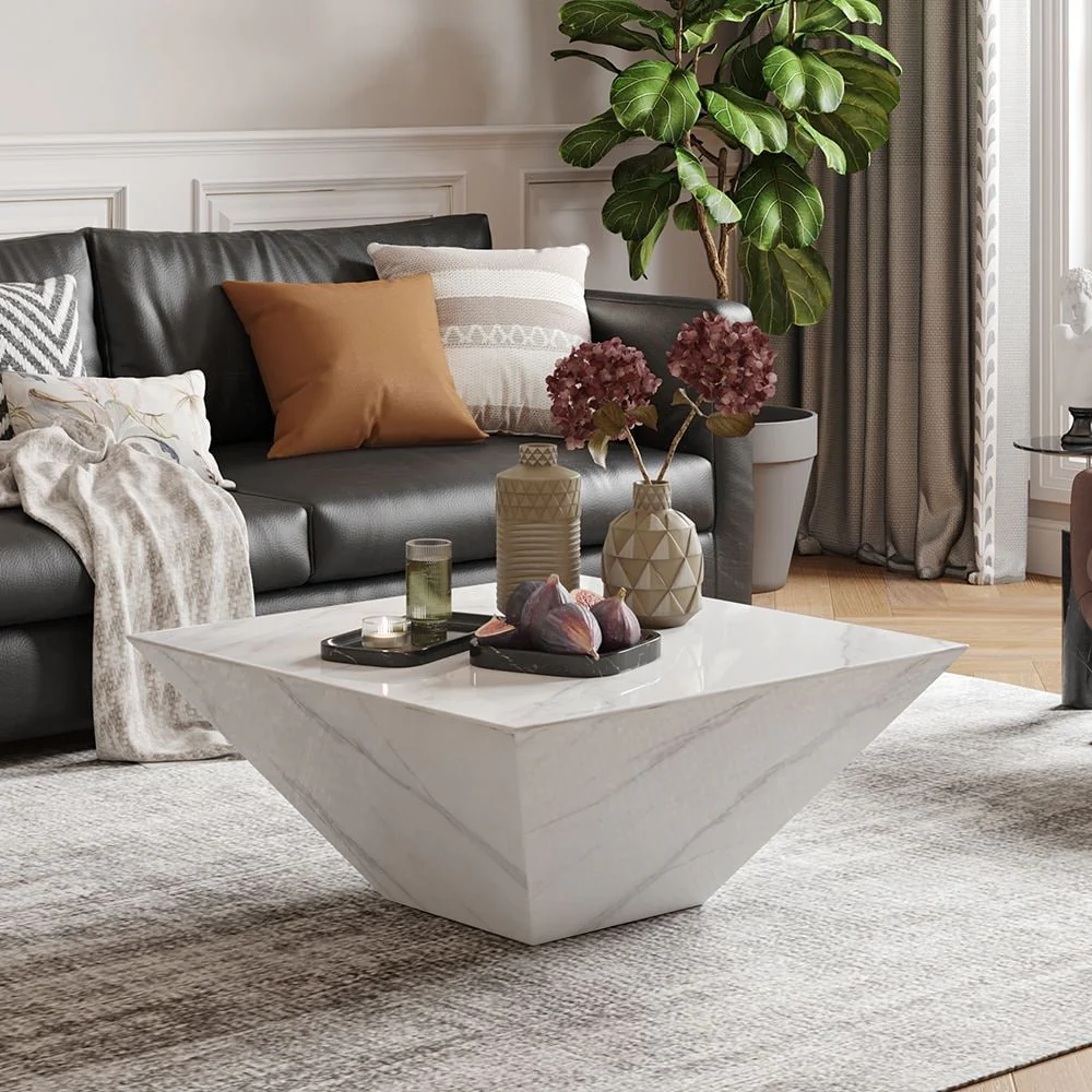 Modern Square Coffee Table, Trapezoid White Sintered Stone Coffee Table, Fully-assembled