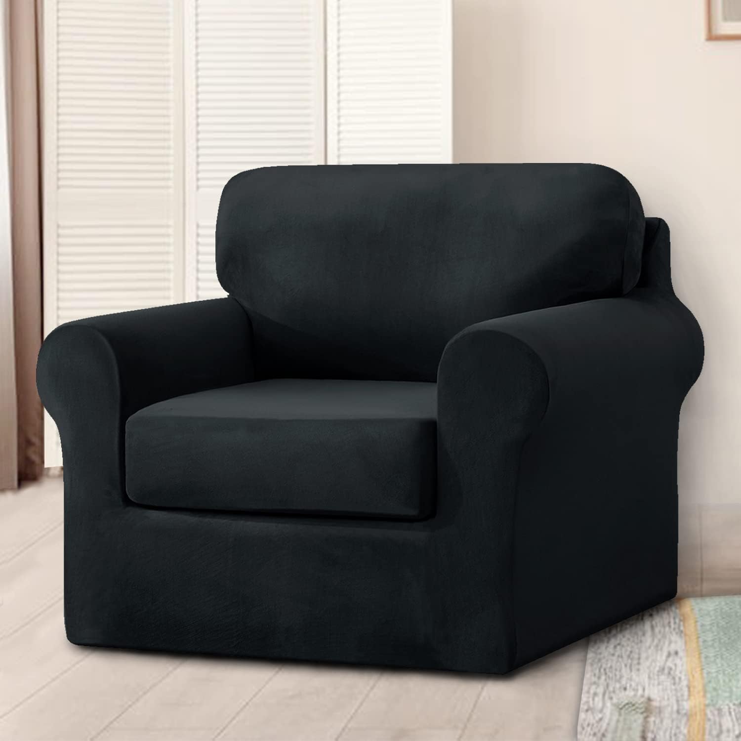 3 Pieces Velvet High Stretch Sofa Covers for 1 Cushion Couch Sofa Slipcovers, Washable Furniture Protector with Drawstring Anti Slip Bottom, Soft and Plush Fabric for Kids and Pet (Black)