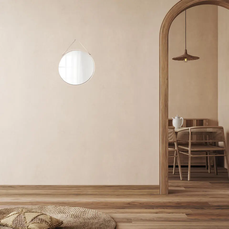 Tendance Wandspiegel - beige - D38 cm - metaal met lederlook riem