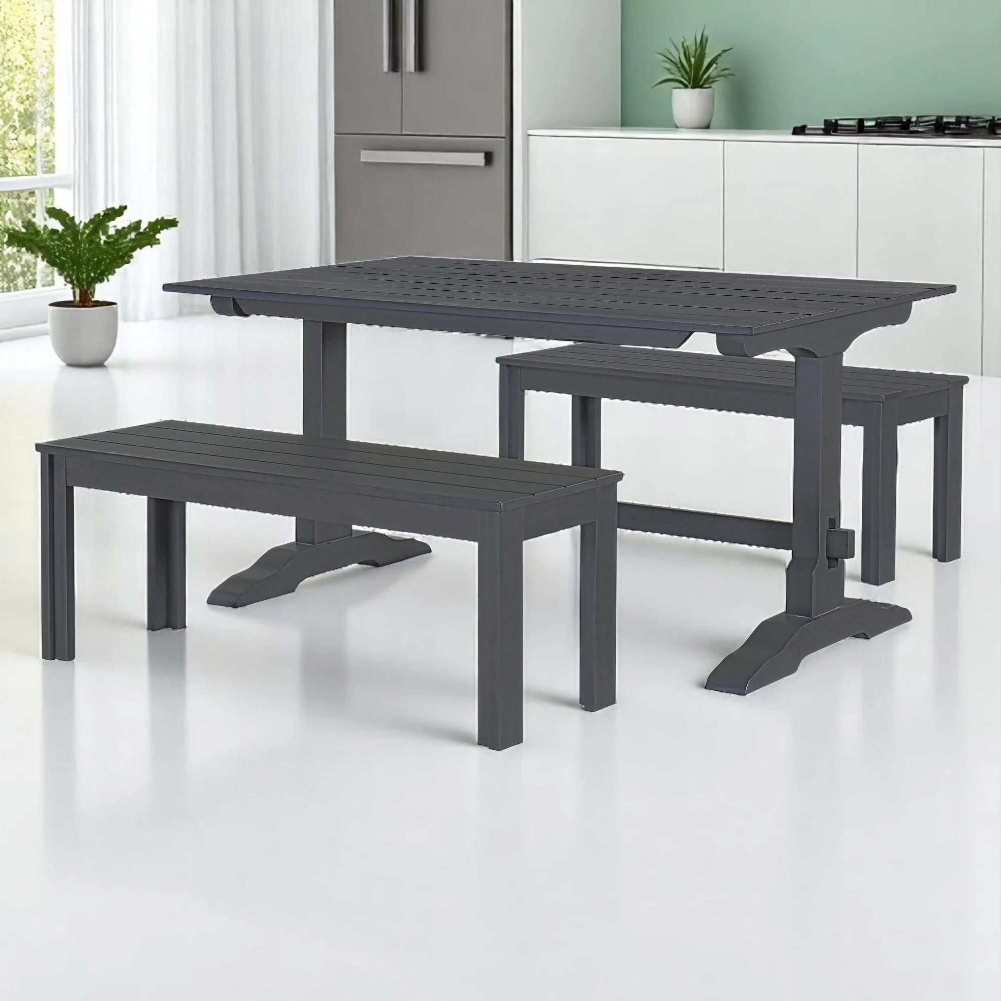 3-Piece Retro Dining Set, Rectangular Trestle Table and 2 Wood Benches, Vintage Dining Set for Dining Room or Kitchen