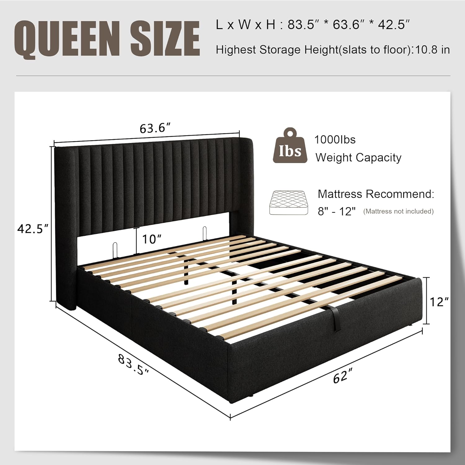 Queen Size Lift Up Storage Bed Frame with Wingback Headboard, Linen Upholstered Platform Bed with 10.8 Underneath Hydraulic Storage, Wooden Slats Support, No Box Spring Needed, Dark Gray