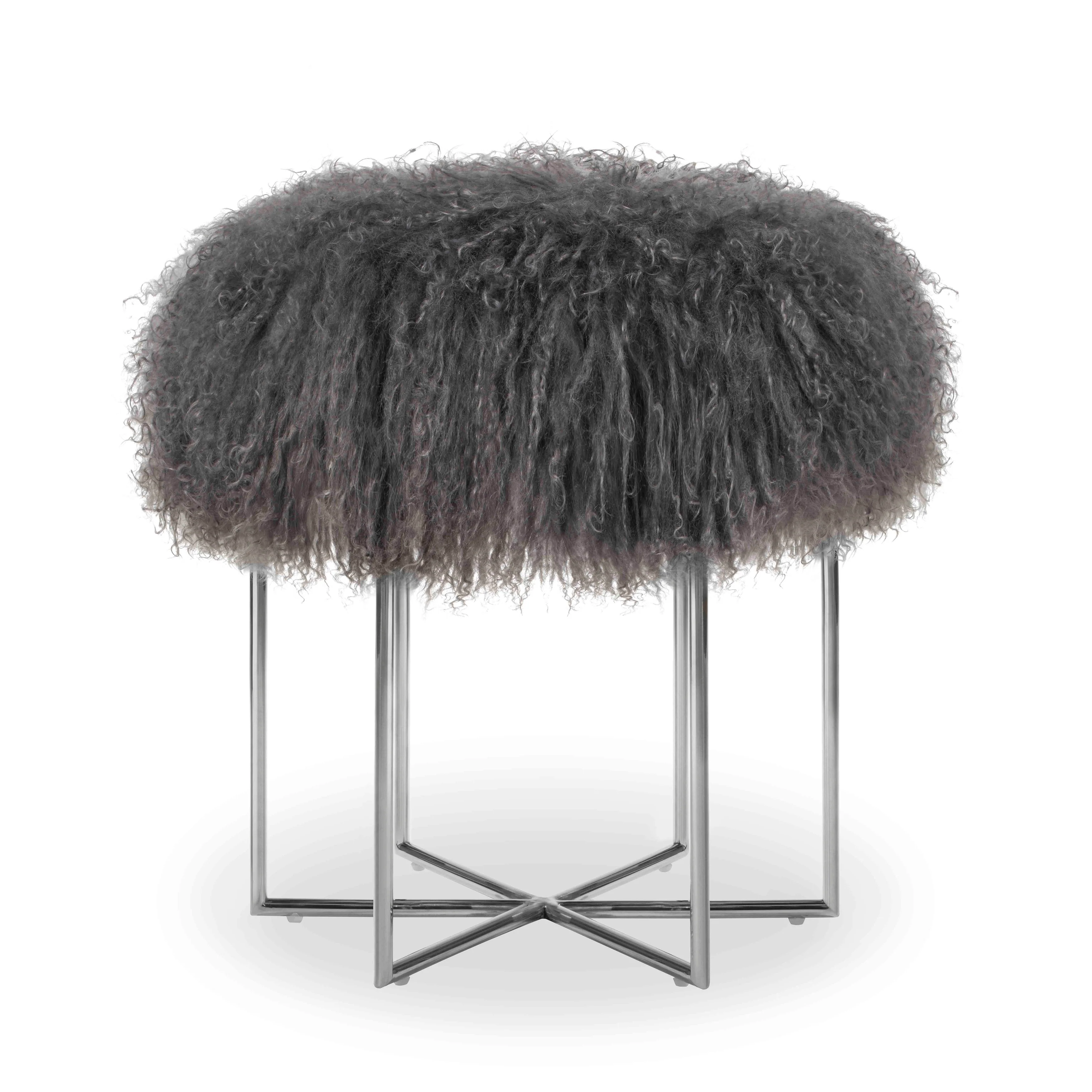 Bailey Real Sheepskin Mongolian/ Stainless Steel Ottoman