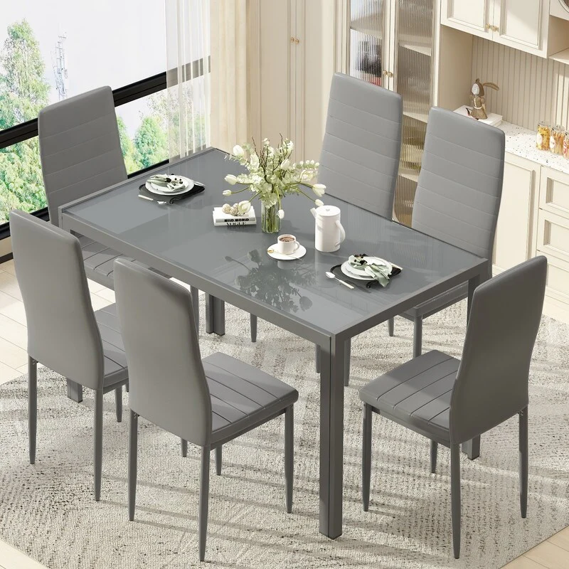 Grondin Modern Style 7-Piece Dining Room Table Set with Tempered Glass Tabletop and 6 PU Leather Upholstered Chairs