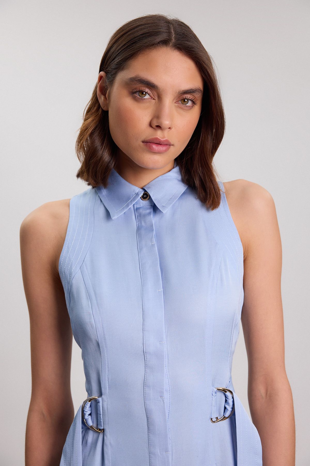 KarenMillen Premium Viscose Linen Topstitch Halter Neck Woven Dress With D Ring Detail