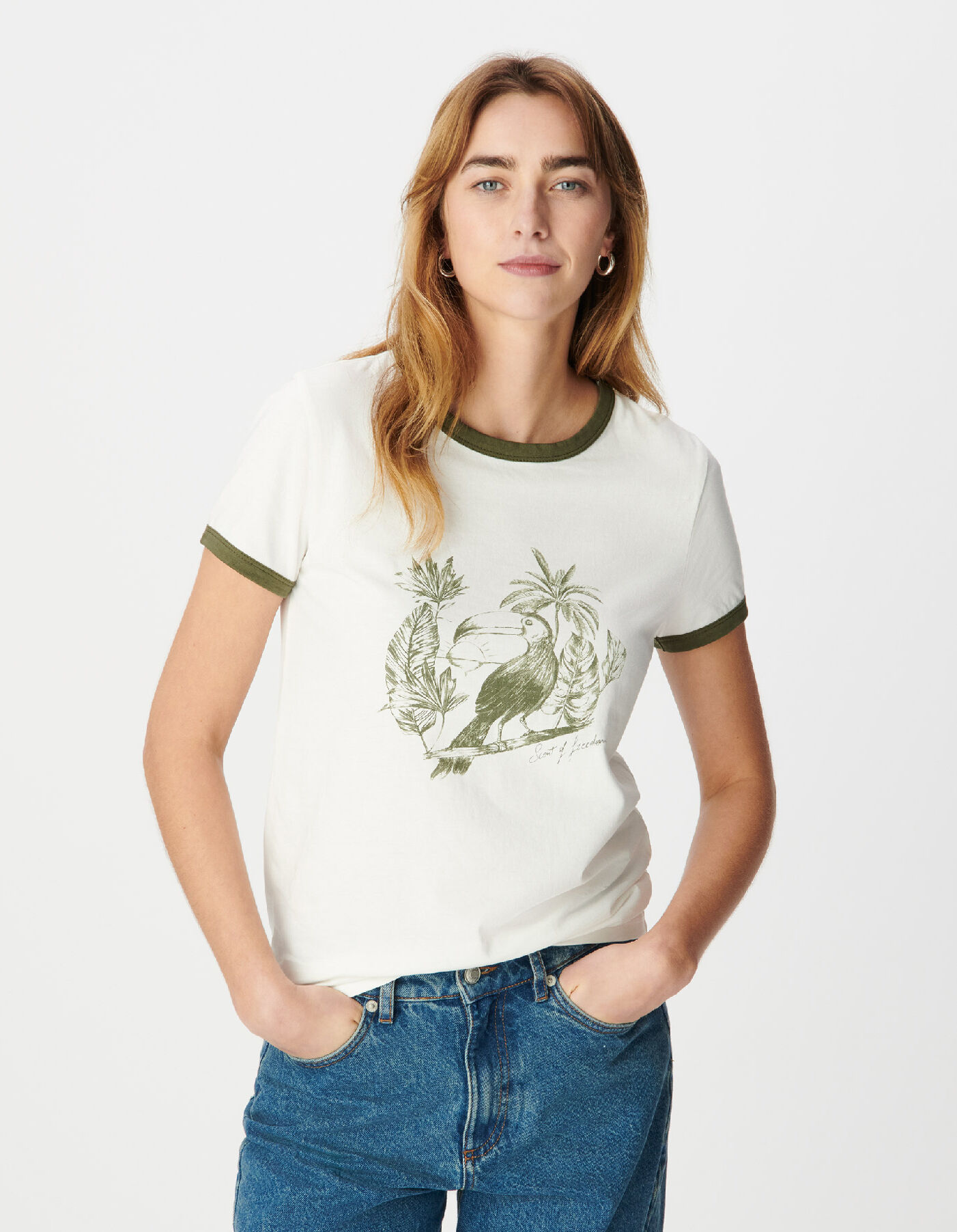 Tee-shirt manches courtes écru visuel oiseau kaki Femme