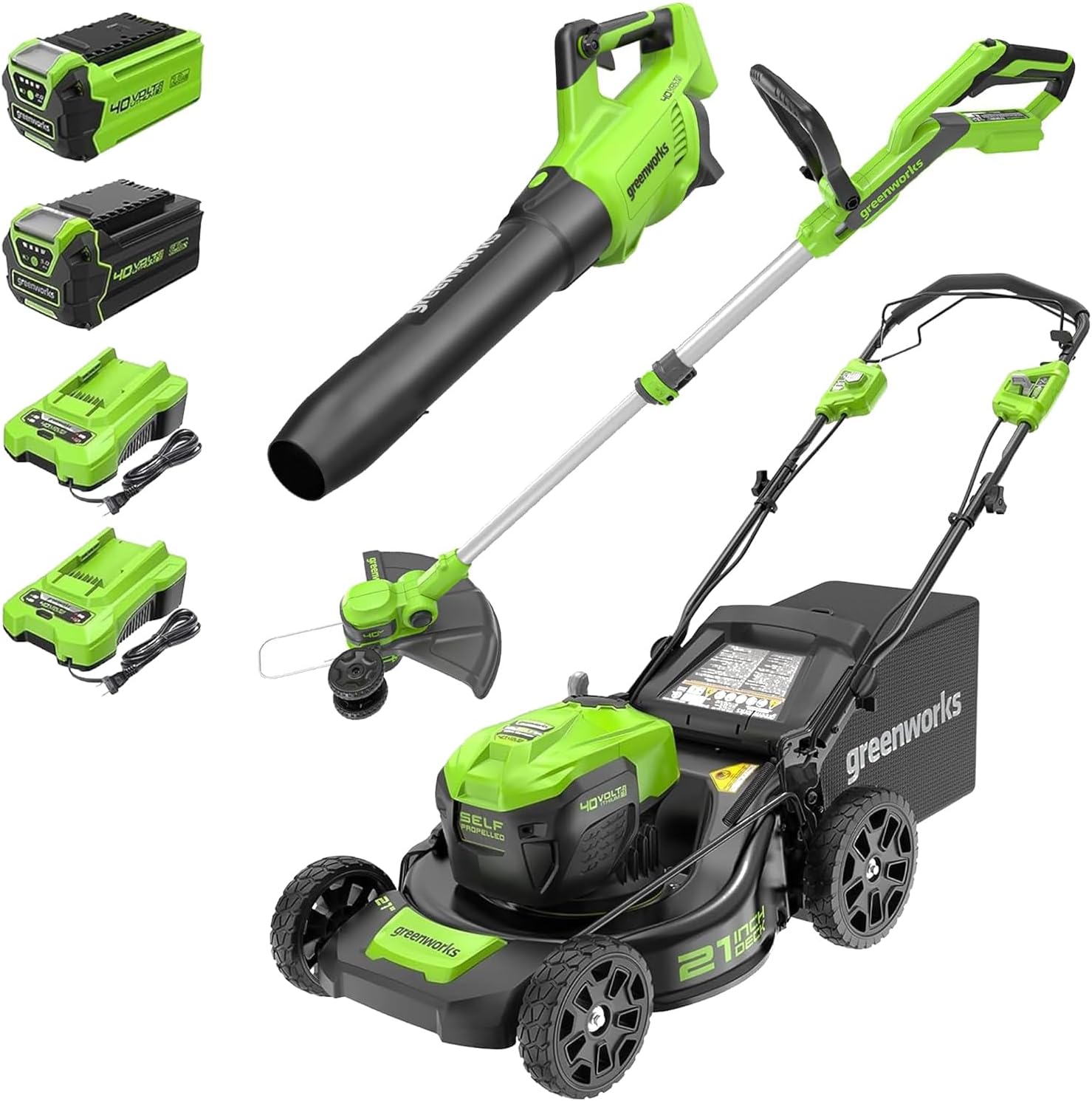 Greenworks 40V 21 Self-Propelled Lawn Mower Axial Leaf Blower(500 CFM / 120 MPH) 13 String Trimmer with 2 Batteries(5Ah+2Ah) & Chargers