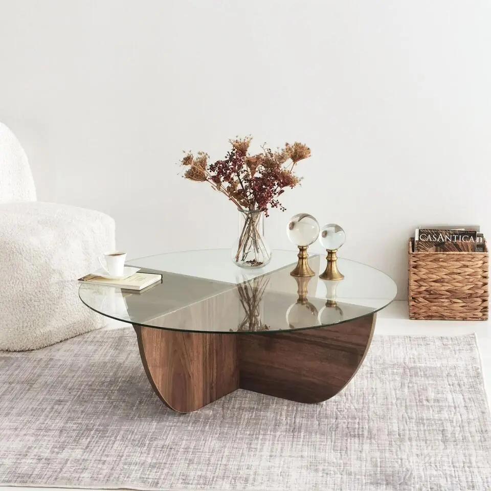 Salontafel Rond 90cm - Glas/Bruin Melamine - Lily