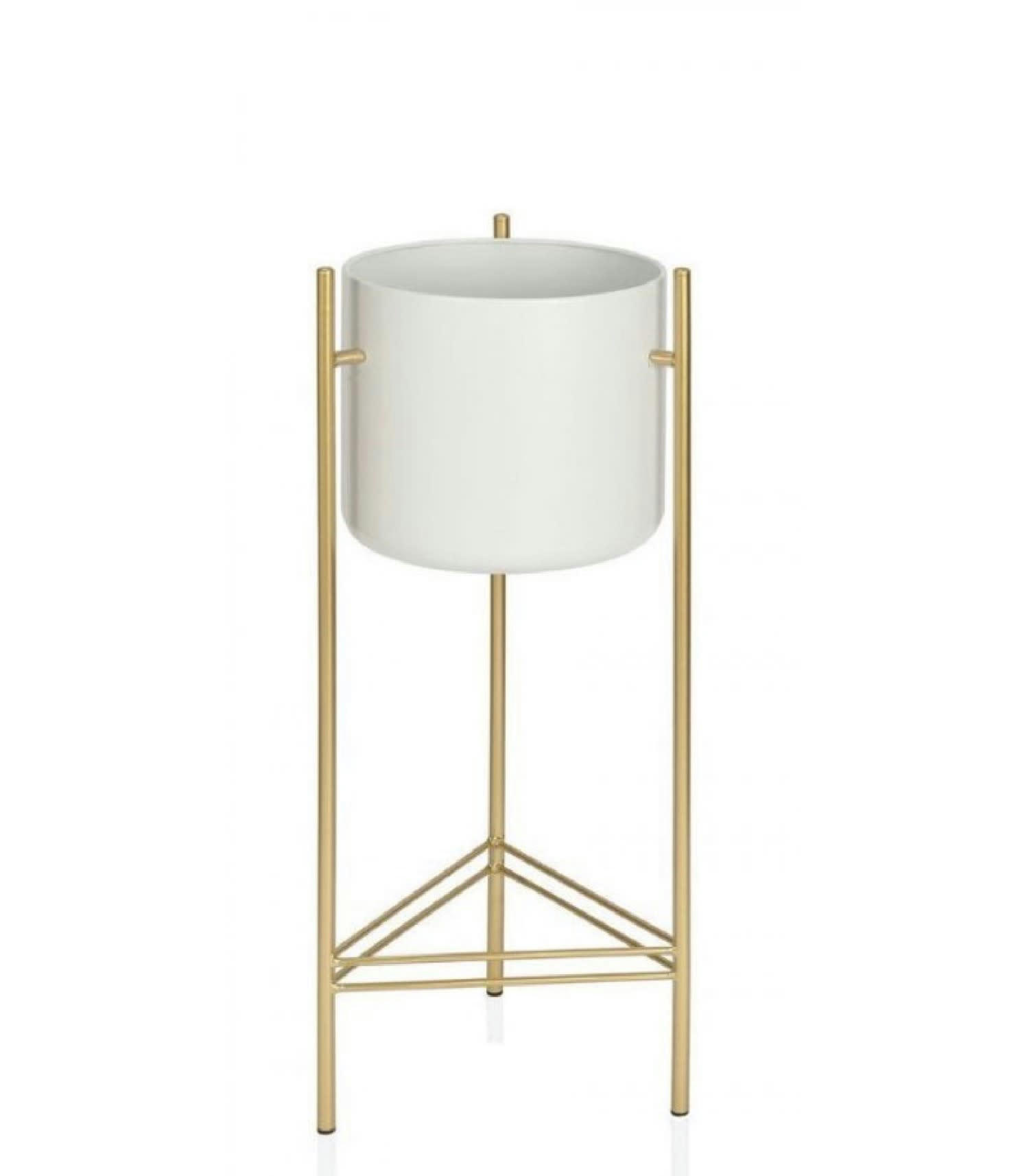 OR - Cache-pot sur pied en métal doré et pot blanc H66cm