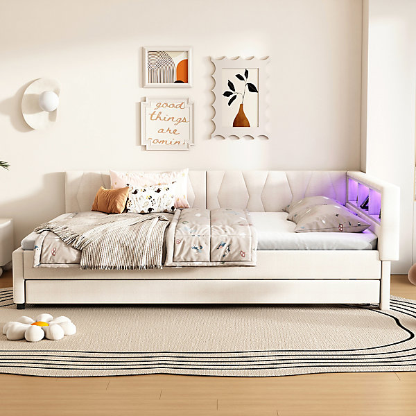 Canapé 3 places convertible avec coffre de rangement, couchage d'appoint, revêtement tissu gris et pieds bois
