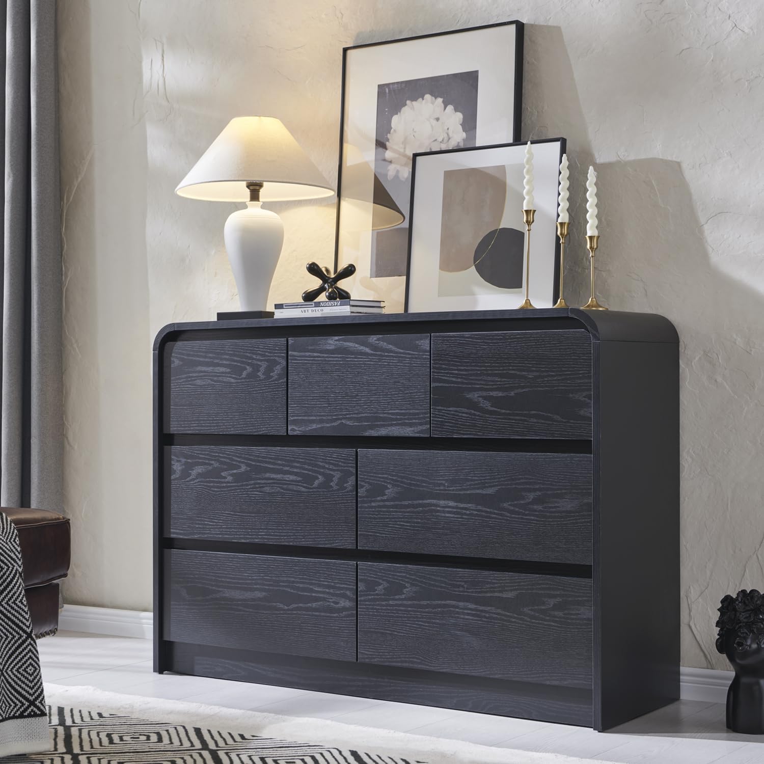 Modern 7 Drawers Dresser for Bedroom, 47 Wide Wood Dressers & Chests of Drawers w/Curved Profile Design, Mid Century Modern Dresser w/Natural Texture for Bedroom, Living Room, Black