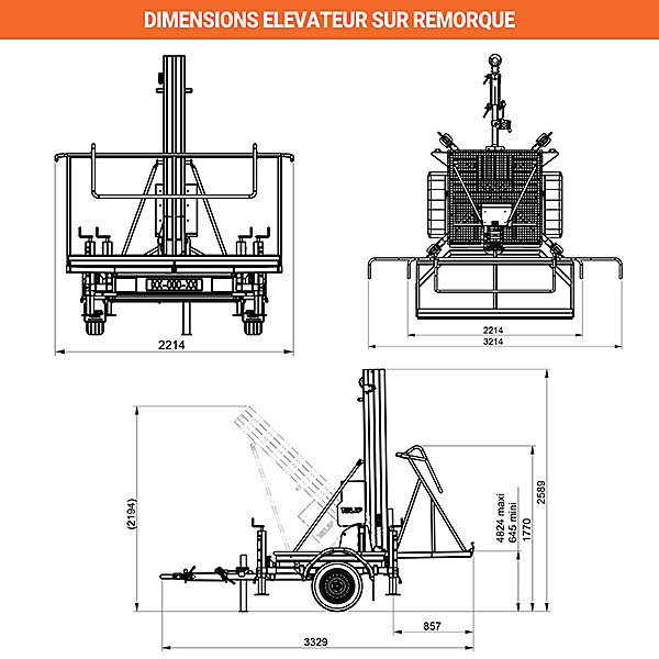 Monte charge sur remorque - Lève charge pliant - Charge max 200kg - Treuil de levage électrique 4824mm - Travaux de construction -