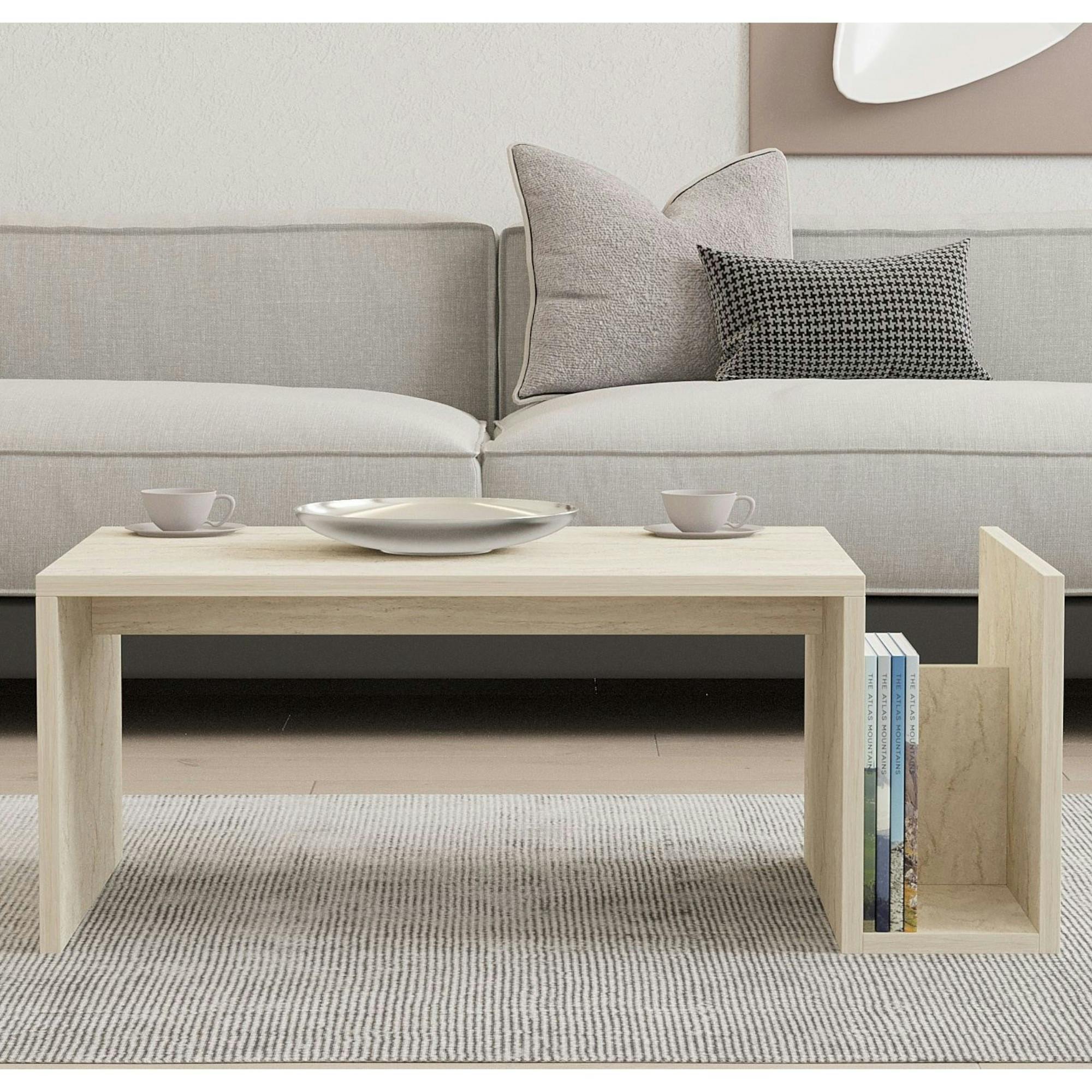 Table basse moderne effet travertin avec porte-revues MARFA