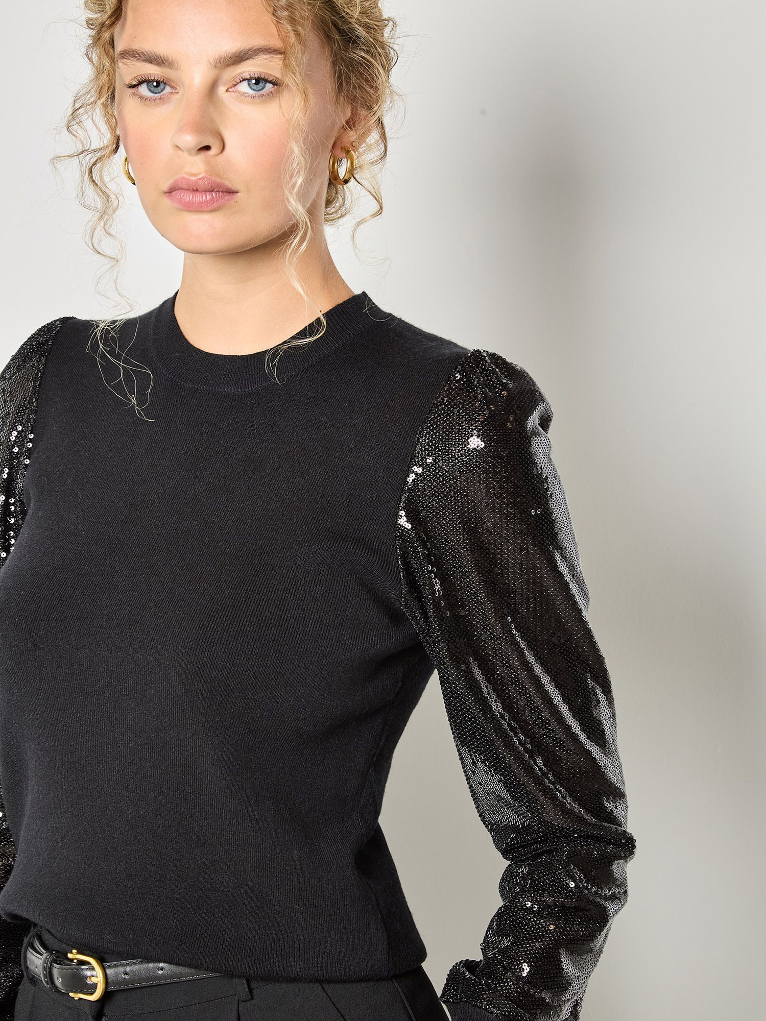 Apricot Sequin Arm Ribbed Knit Jumper
