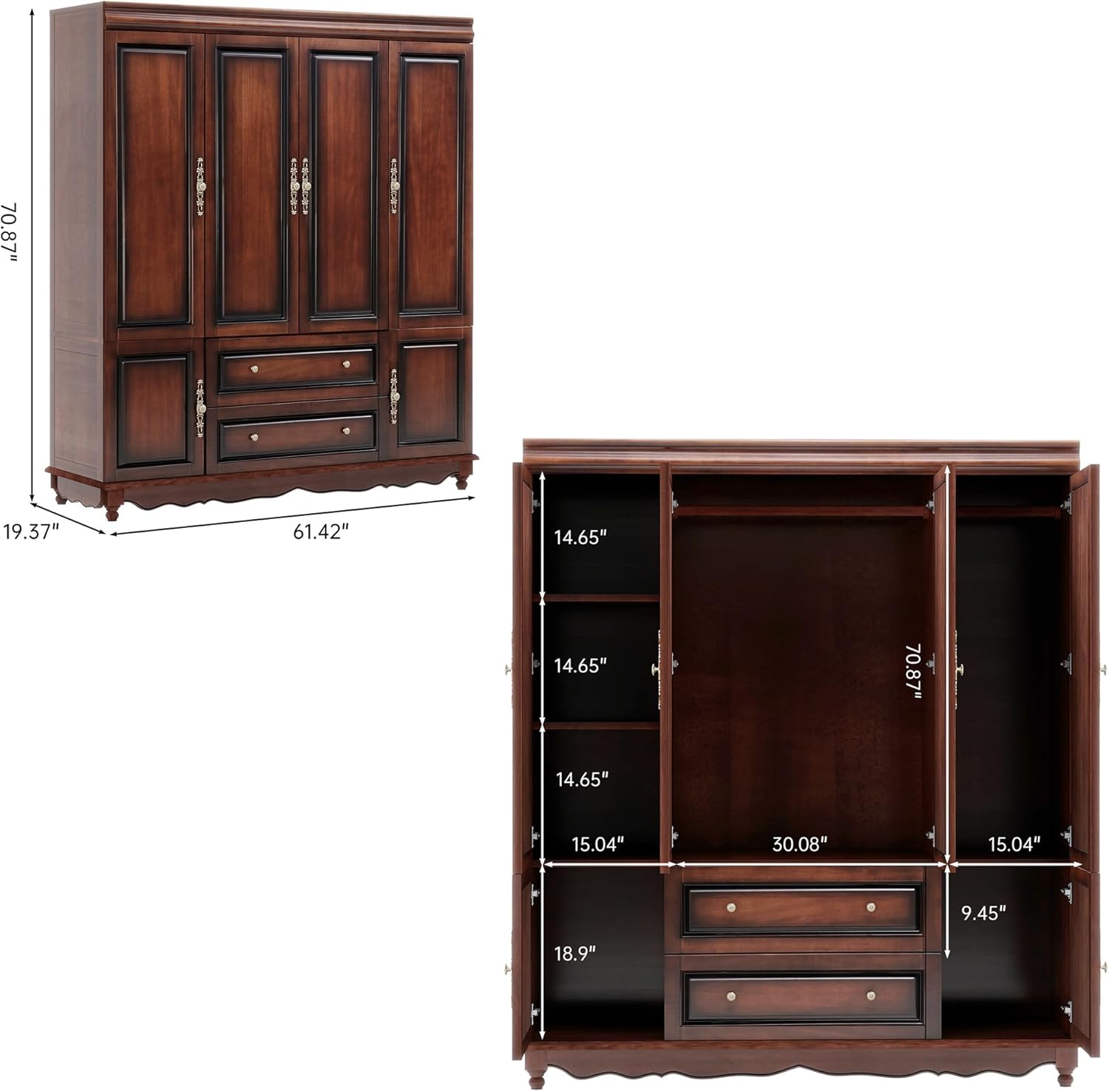 Solid Wood Armoire Wardrobe Closet with Cherry Finish, 61.42W x 19.29D x 70.87H, Clothes Organizer with Shelves, Hanging Rods and 2 Drawers, American Style Freestanding Bedroom Storage
