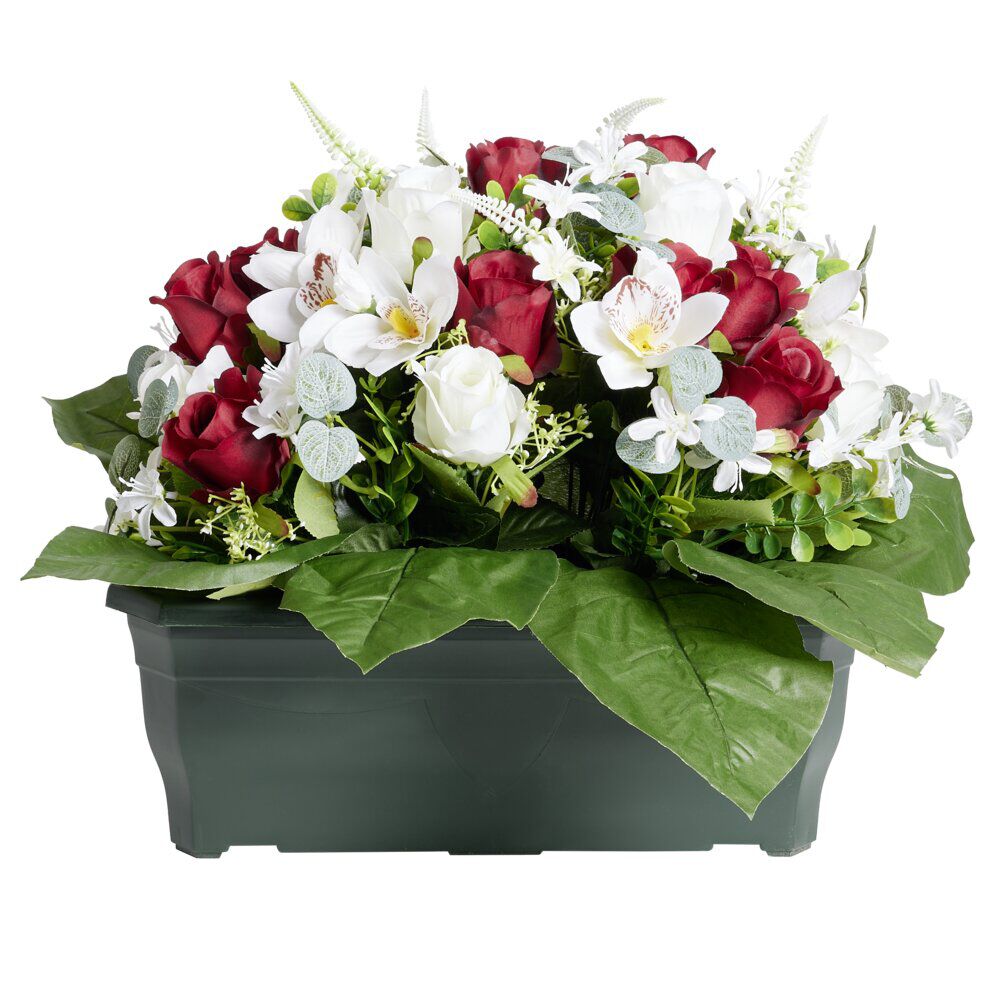 Composition florale artificielle rose orchidée bruyère rouge jardinière H42cm