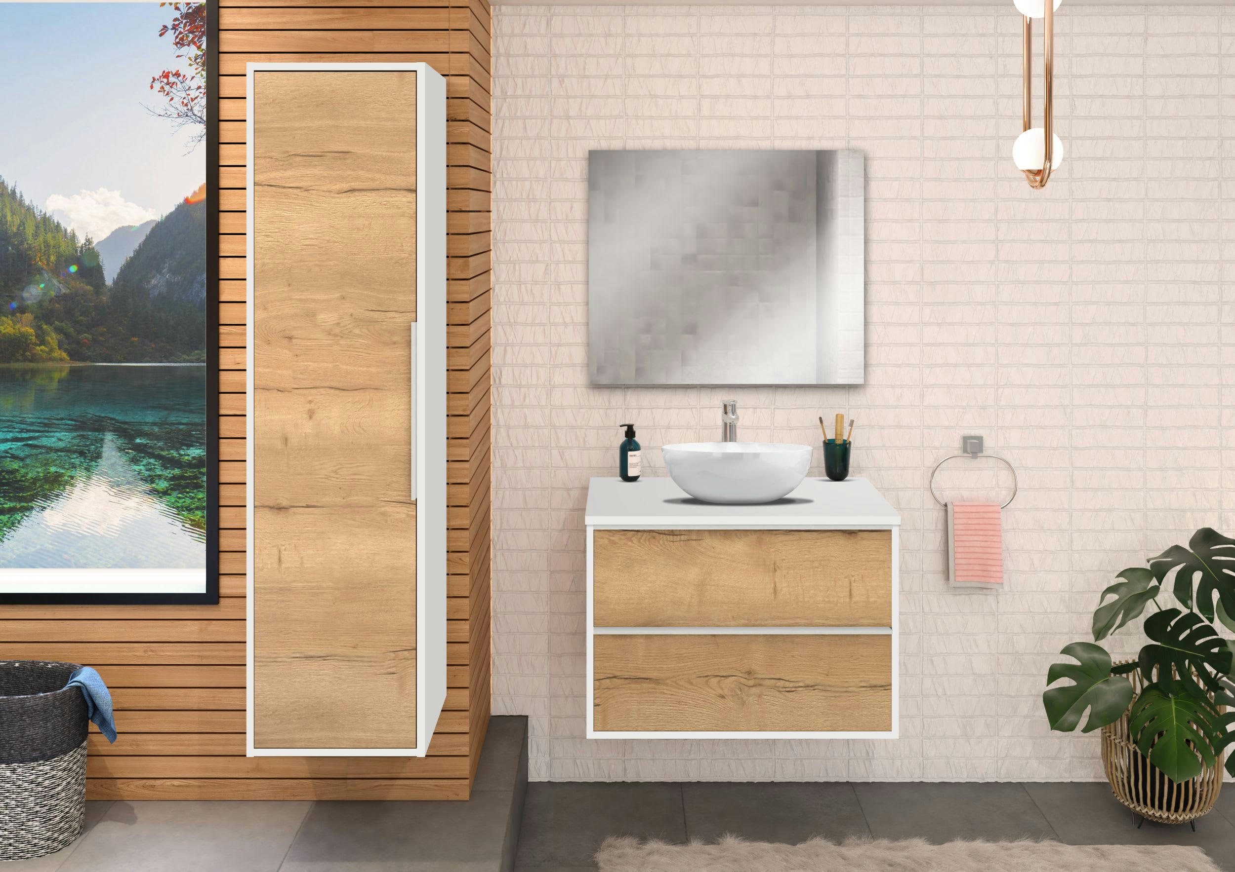 BORDER - Meuble de salle de bain 80cm Chêne  Meuble +  Plan Mélaminé