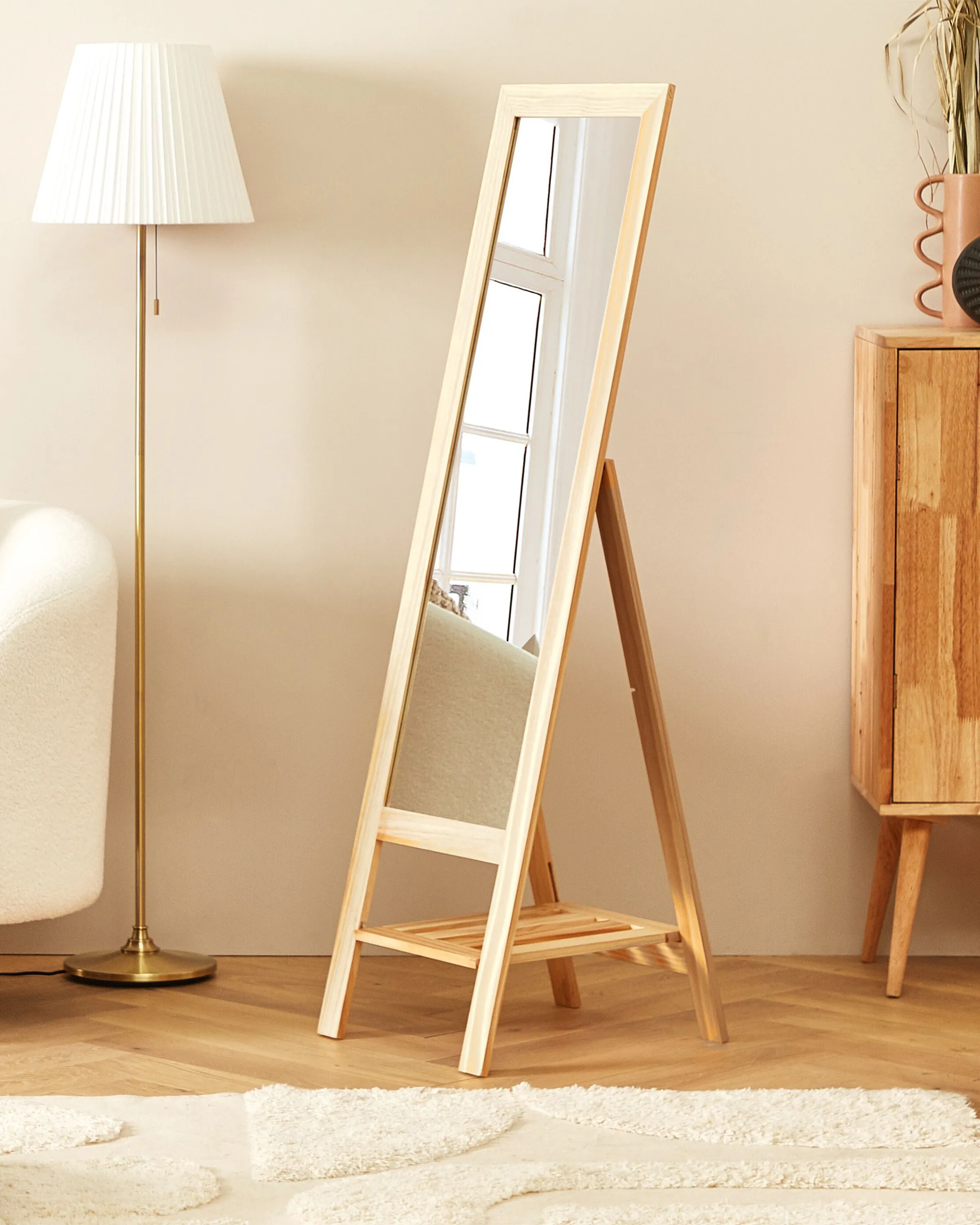 Standing Mirror with Shelf LUISANT 145 cm Pine Wood Light Brown