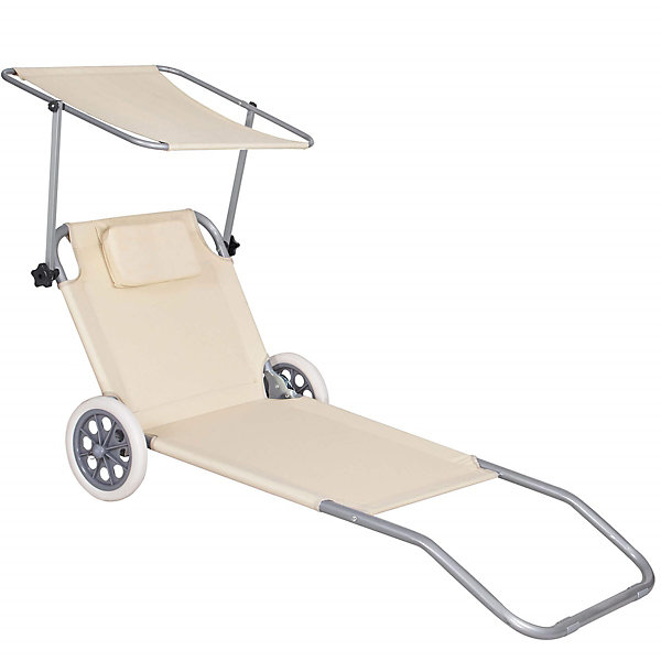 Chaise longue de jardin pliable avec roulettes et auvent beige