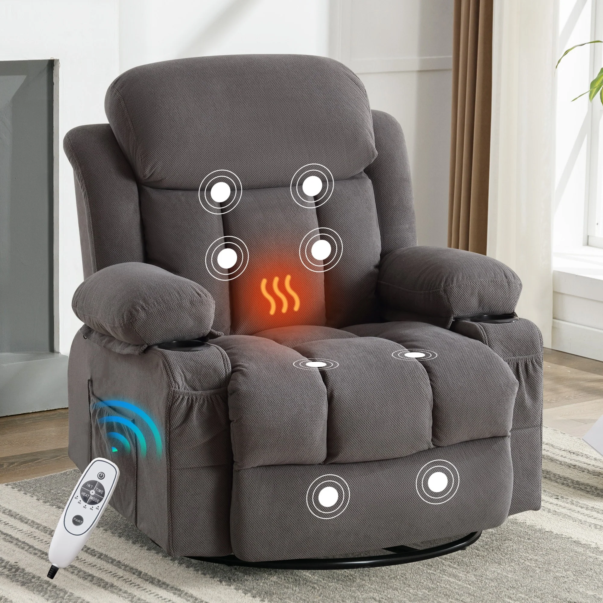 Swinging Recliner Massage Heated Sofa, With Usb And 2 Cup Holders In Side Pockets