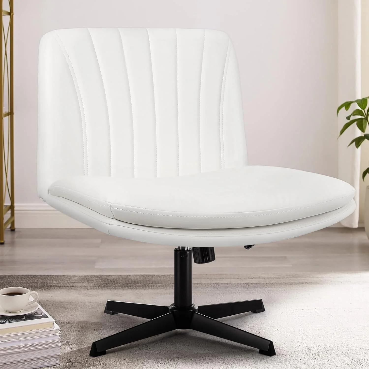 BOSSIN Criss Cross Chair Armless Office Desk Chair No Wheels,PU Leather Padded Modern Swivel Vanity Chair office chair