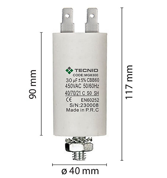 Condensateur de démarrage pour moteurs électriques, 450V, capacité : 30 microfarad, 4 broches / M8