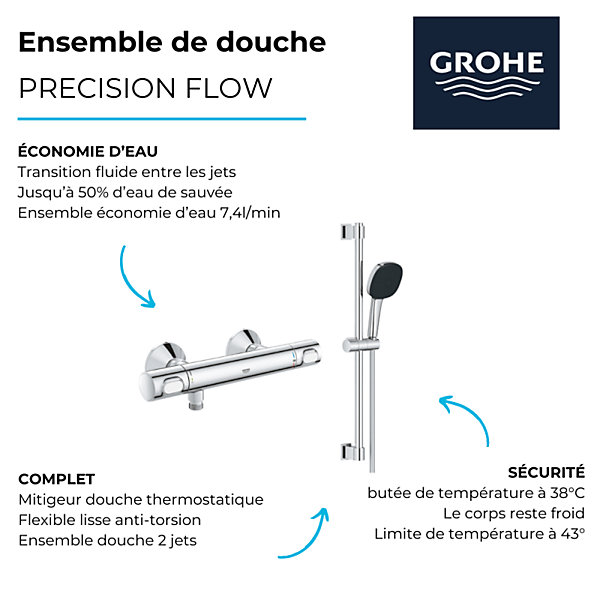 Mitigeur douche thermostatique GROHE GROHE Precision Flow   Ensemble de douche 2 jets avec barre