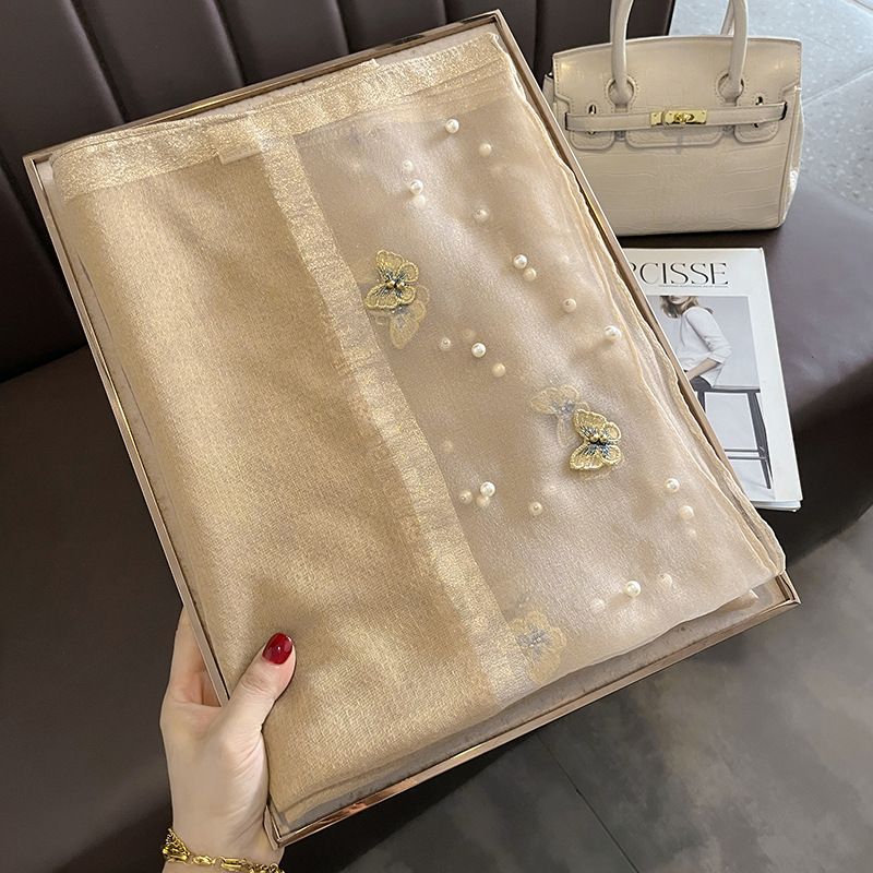 PEACH ACCESSORIES Silk Scarf with Embroidered Butterflies & Pearls