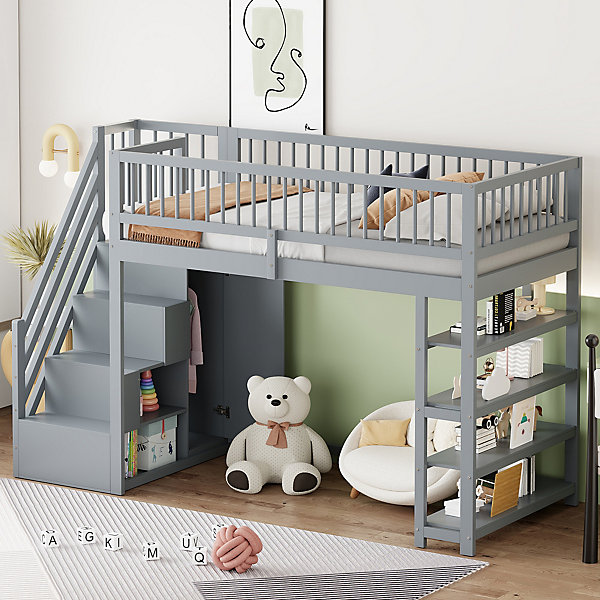 Lit superposé 90x200 cm avec rangements intégrés et échelle de sécurité en bois massif, gain de place