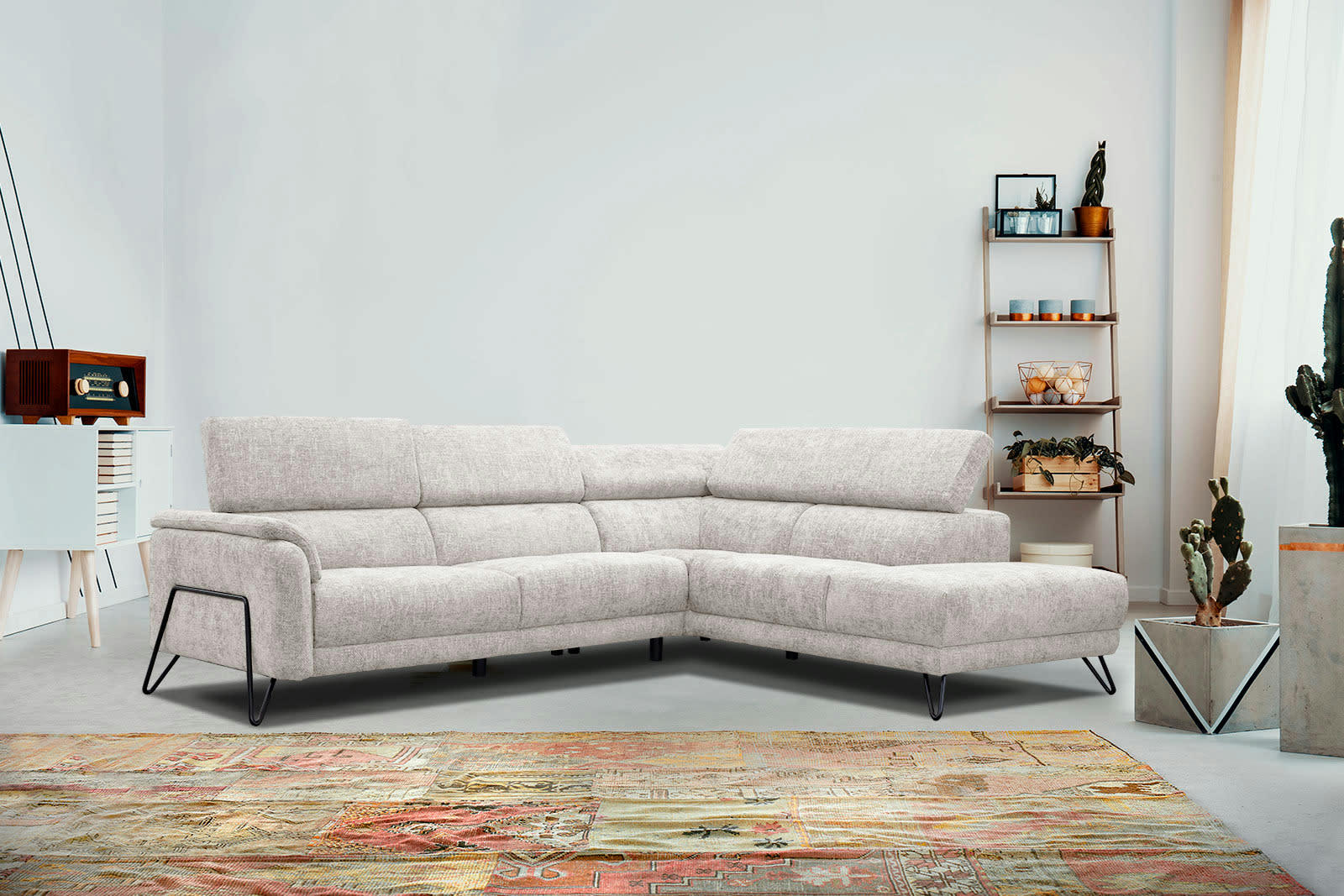 RODEN - Canapé d'angle droit 5 places tissu écru