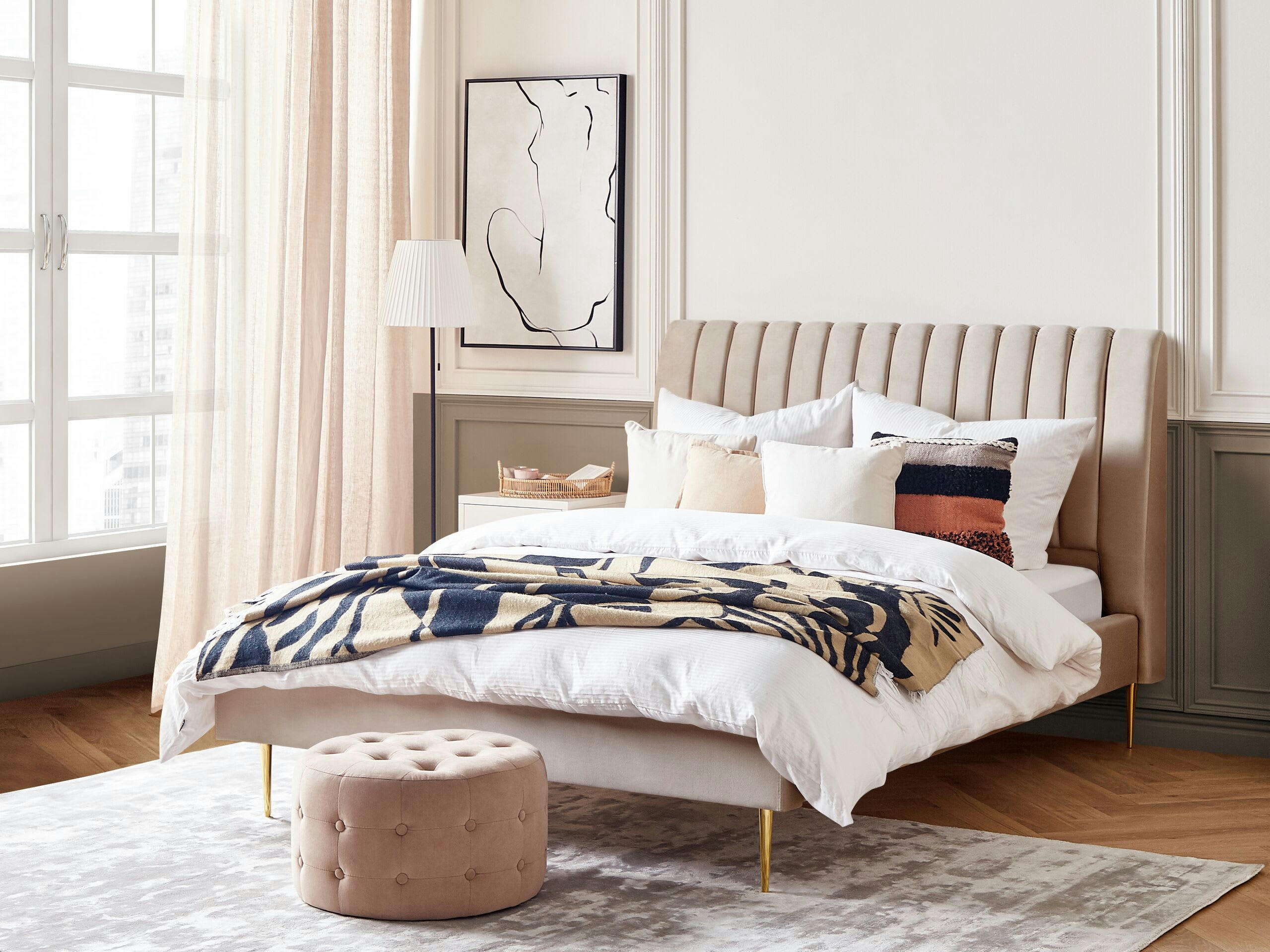 MARVILLE - Lit double en tissu beige 160x200