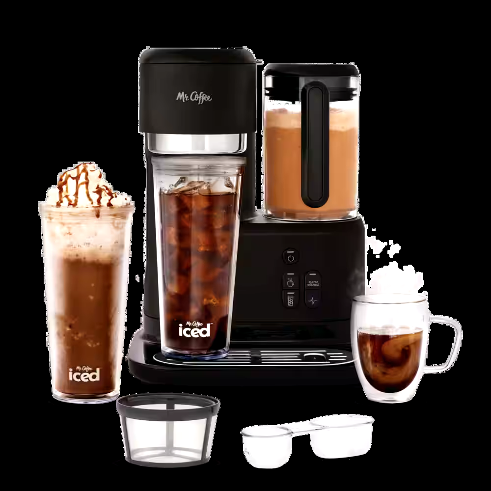 Mr. Coffee Hot Coffee, Iced Coffee & Frappe Maker with Integrated Blender & 2 Tumblers, Black