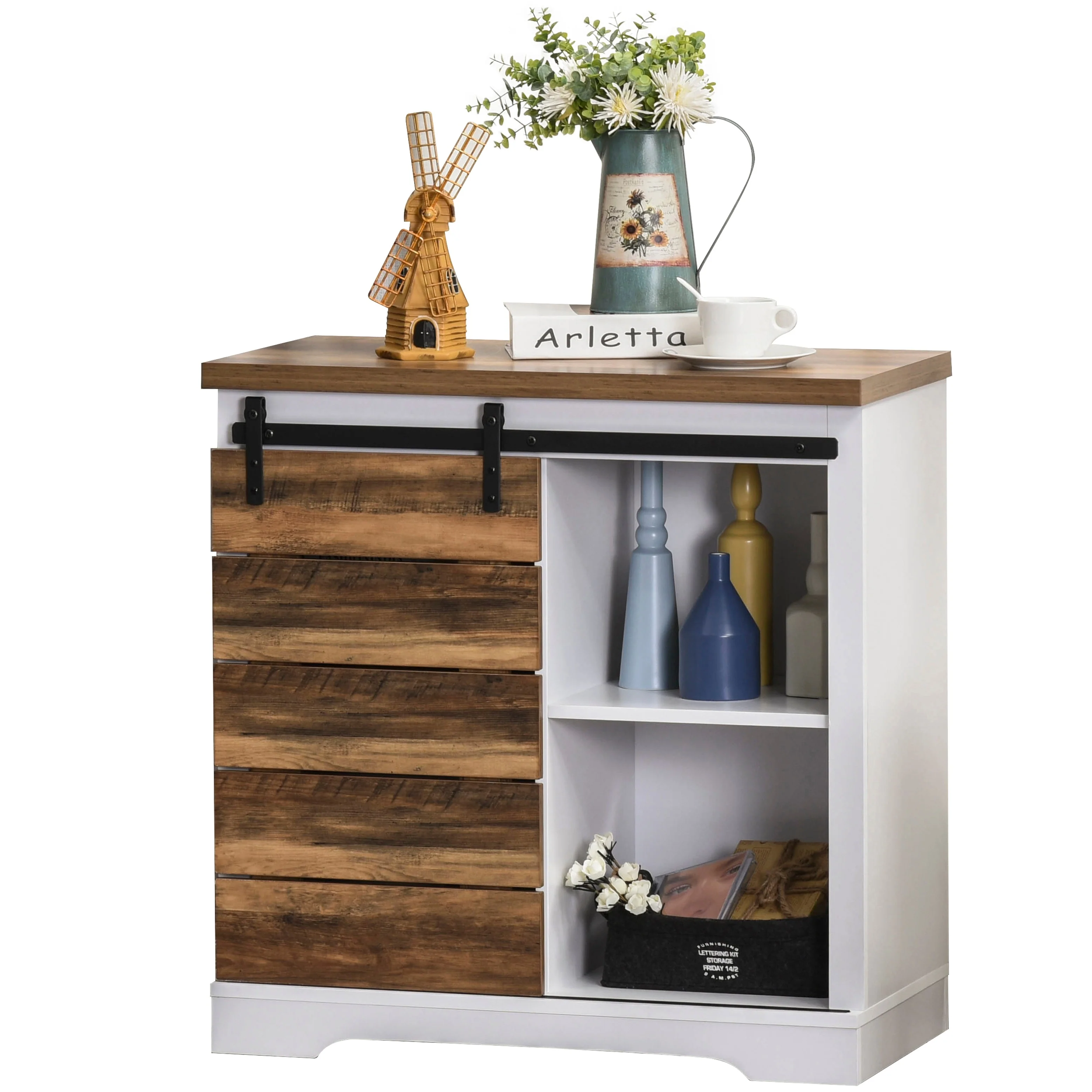 HOMCOM Rustic Farmhouse Accent Side Cabinet Buffet Sideboard with Sliding Barn Door and Interior Shelves, White/Brown