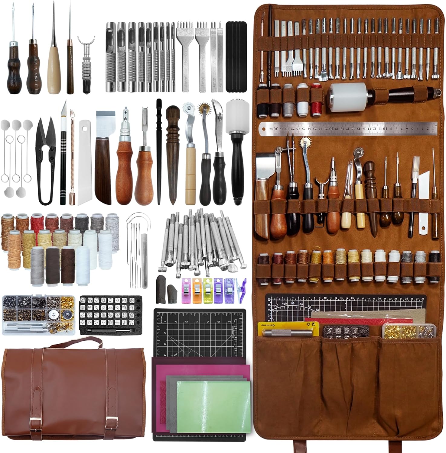 Runfider Leather Working Tool Set 588PCS Professional Leather Craft Tools Kit for Beginners with Carving Cutting Punching Sewing & Stamping Tools Leatherworking Kit for Handicraft DIY