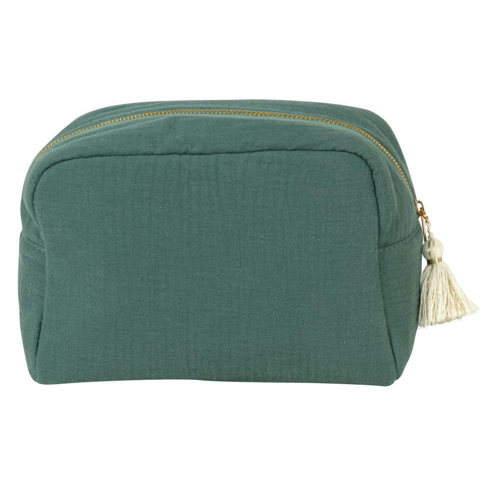 ESSENTIELLE - Trousse en gaze de coton verte et pompon 24x17