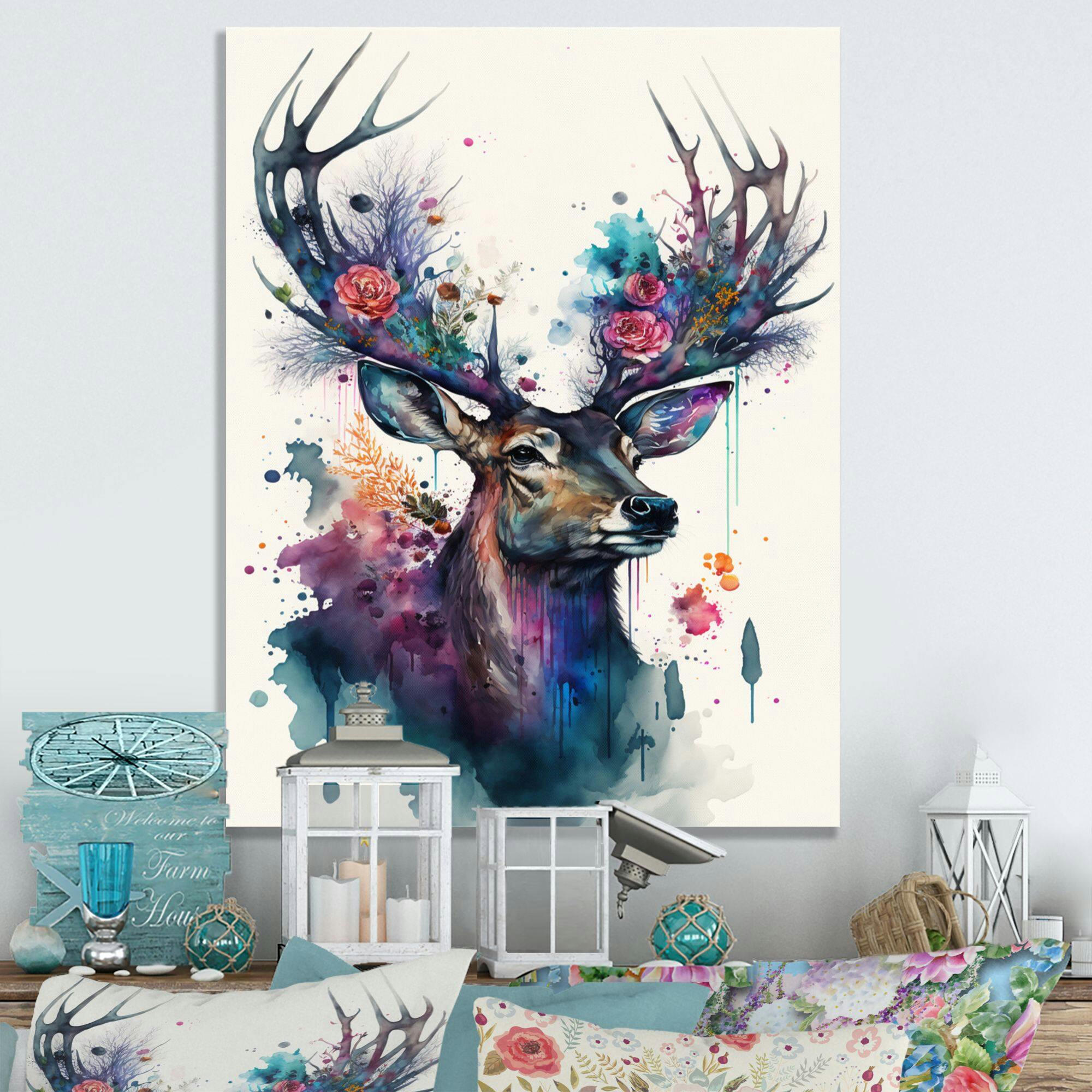 Designart Cute Deer Floral Art II Canvas Wall Art, 24-in x 32-in