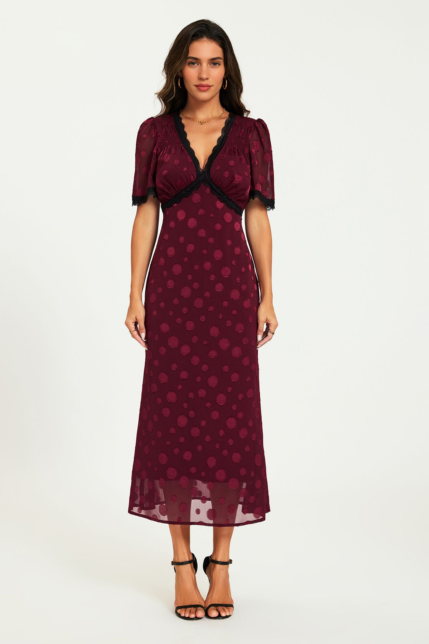 FS Collection Polka Dot Jacquard Lace Trim Midi Dress